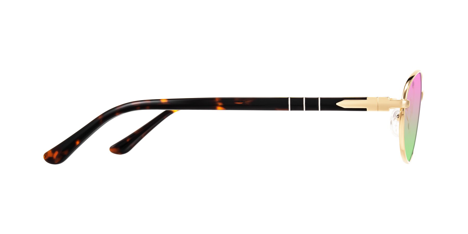 Side of Gamal in Gold/Tortoise with Pink / Green Gradient Lenses
