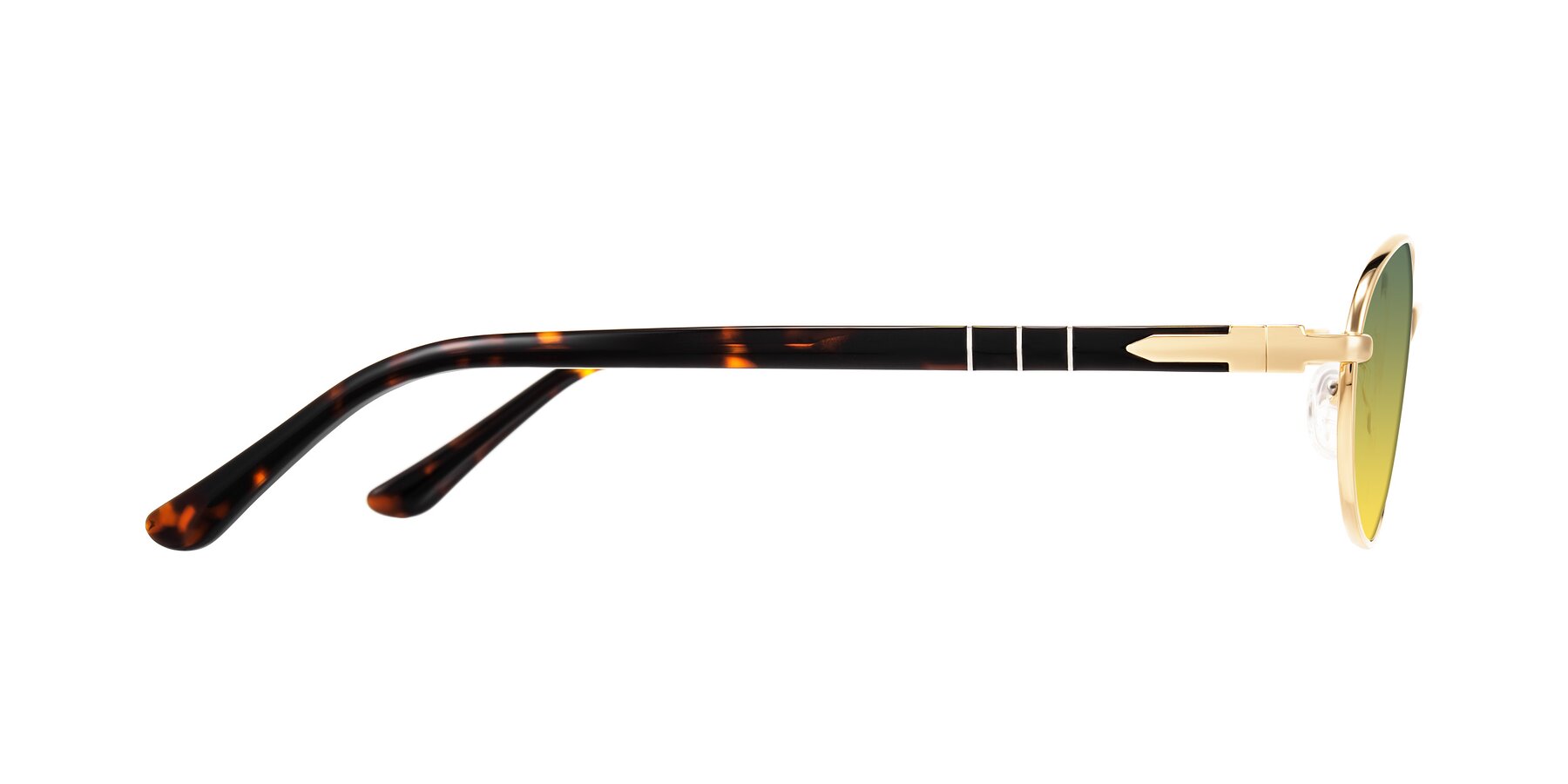 Side of Gamal in Gold/Tortoise with Green / Yellow Gradient Lenses