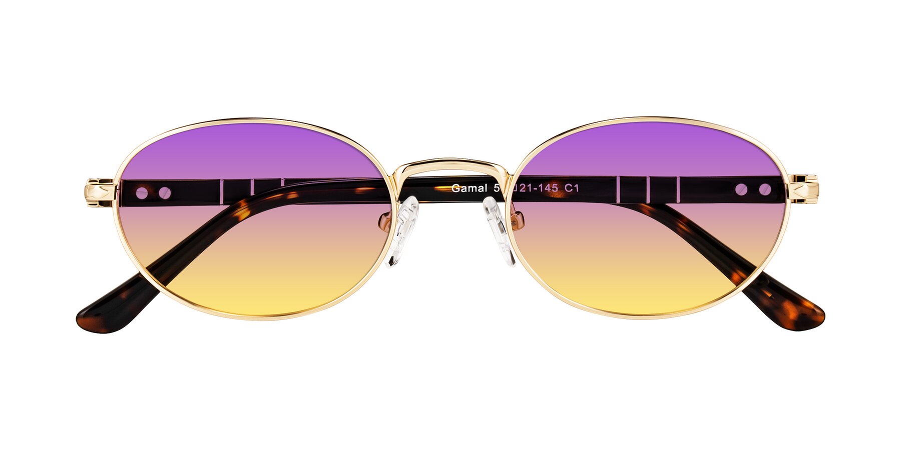 Folded Front of Gamal in Gold/Tortoise with Purple / Yellow Gradient Lenses