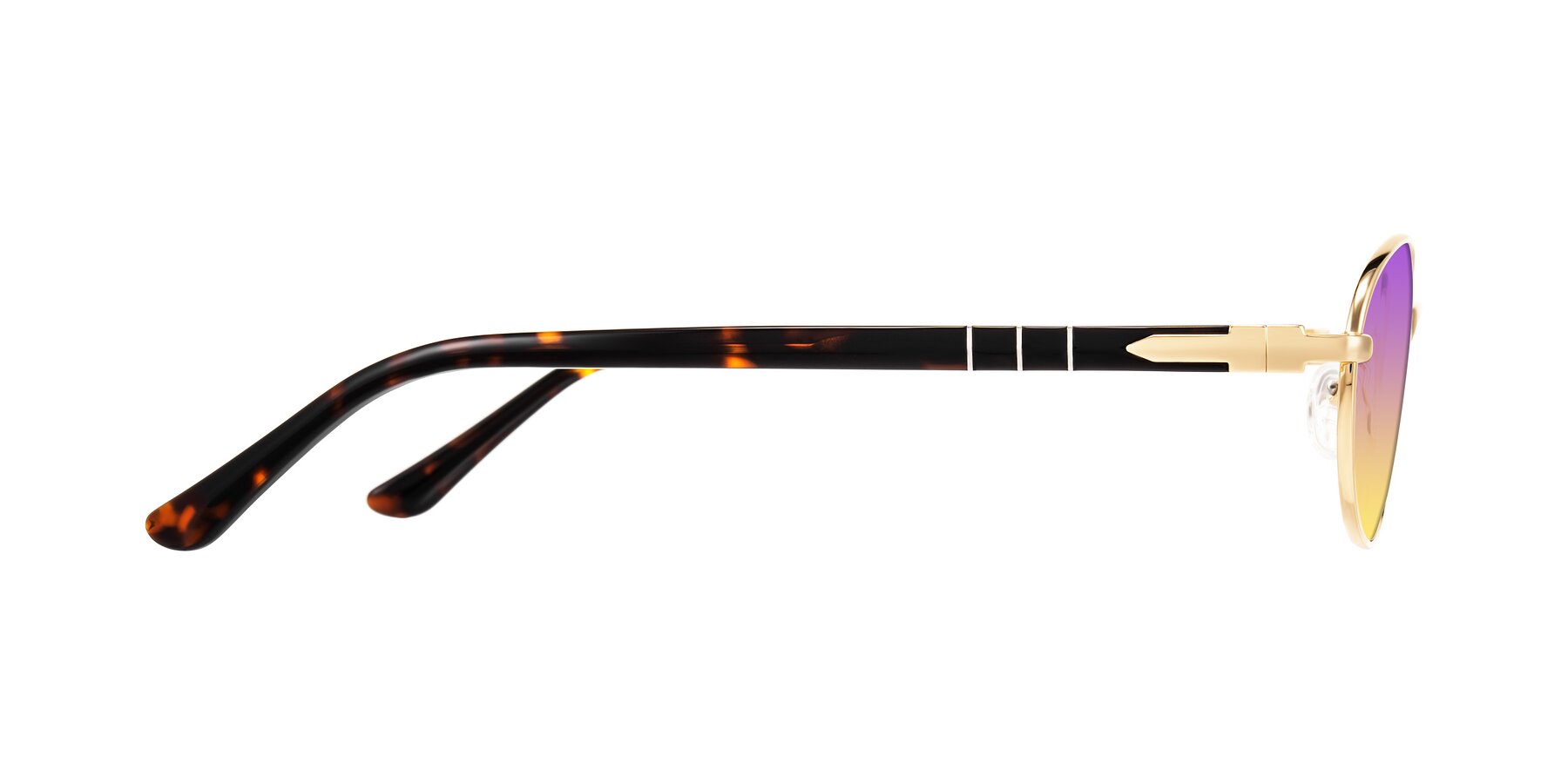 Side of Gamal in Gold/Tortoise with Purple / Yellow Gradient Lenses