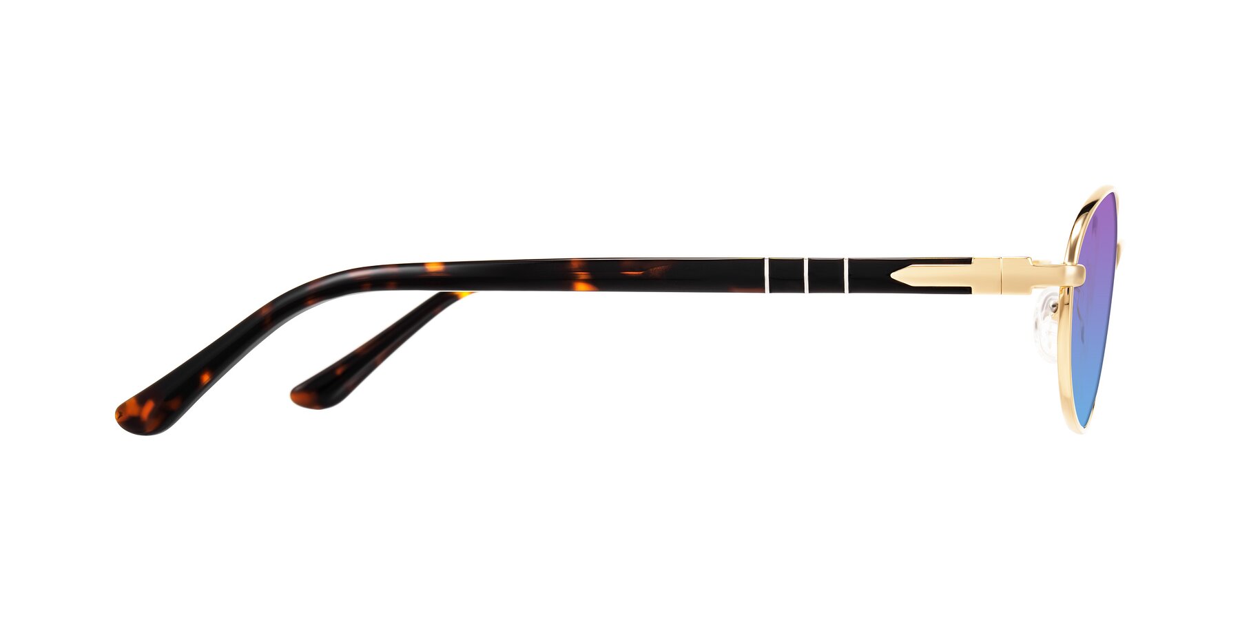 Side of Gamal in Gold/Tortoise with Purple / Blue Gradient Lenses