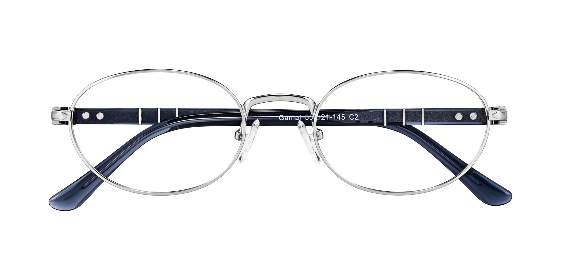 Folded Front of Gamal in Silver/Blue with Clear Eyeglass Lenses