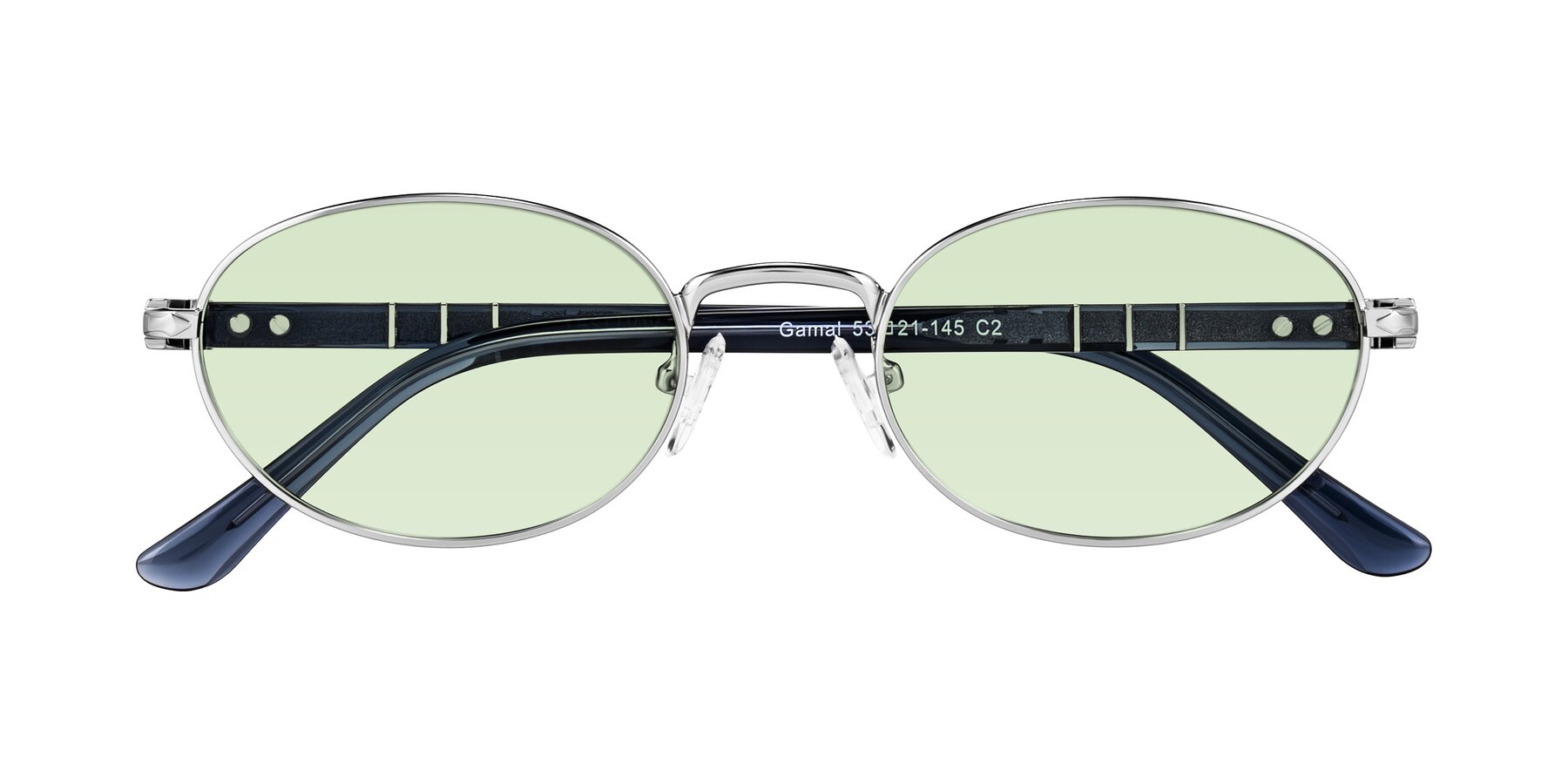 Folded Front of Gamal in Silver/Blue with Light Green Tinted Lenses