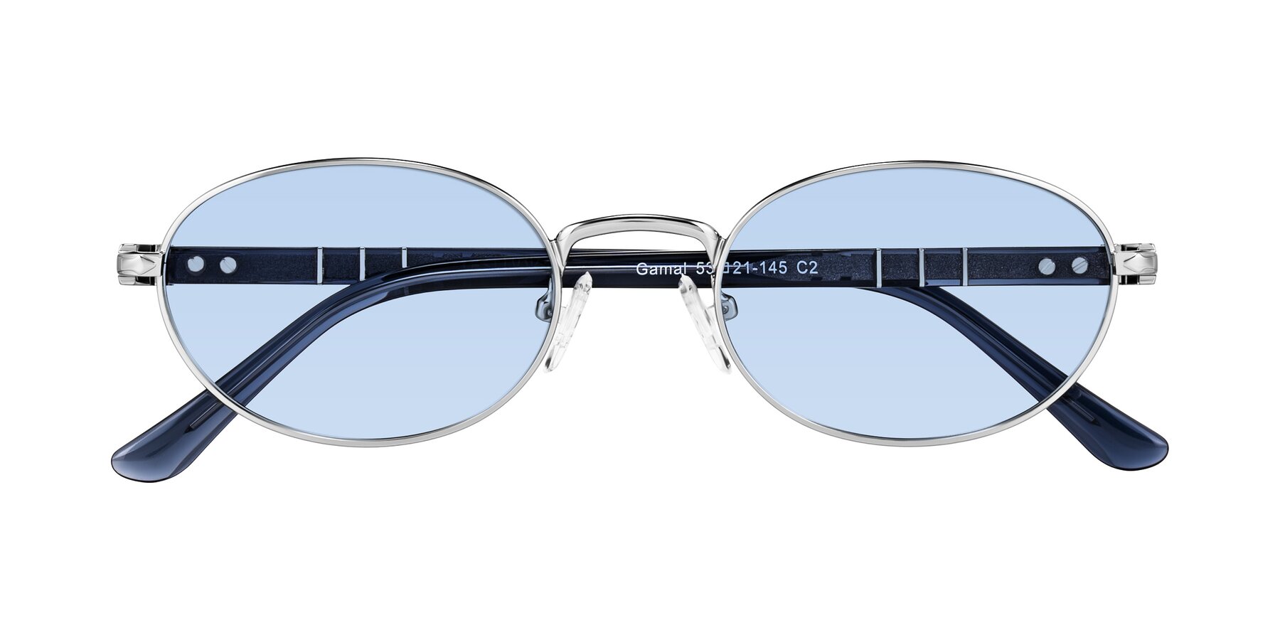 Folded Front of Gamal in Silver/Blue with Light Blue Tinted Lenses