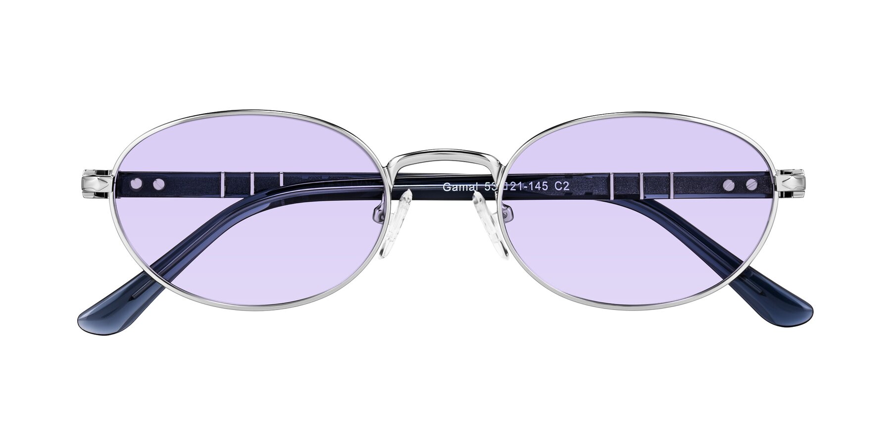 Folded Front of Gamal in Silver/Blue with Light Purple Tinted Lenses