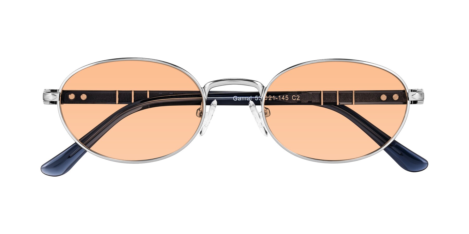 Folded Front of Gamal in Silver/Blue with Light Orange Tinted Lenses