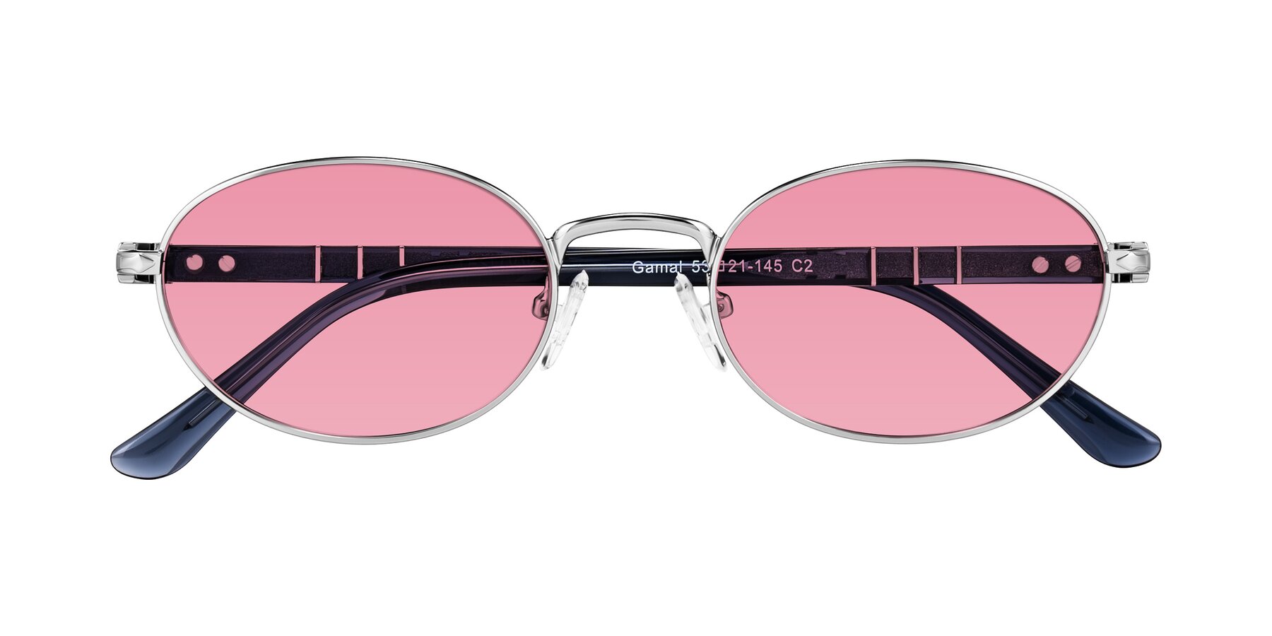 Folded Front of Gamal in Silver/Blue with Pink Tinted Lenses