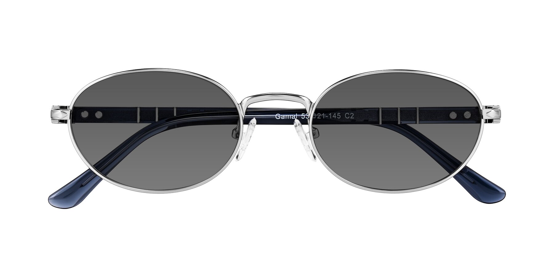 Folded Front of Gamal in Silver/Blue with Medium Gray Tinted Lenses
