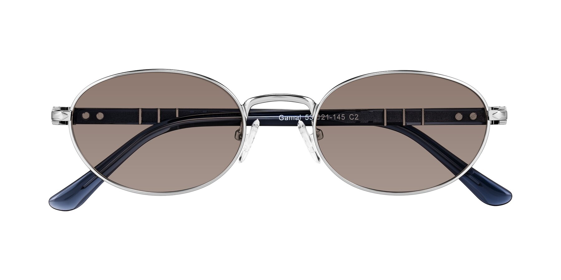 Folded Front of Gamal in Silver/Blue with Medium Brown Tinted Lenses
