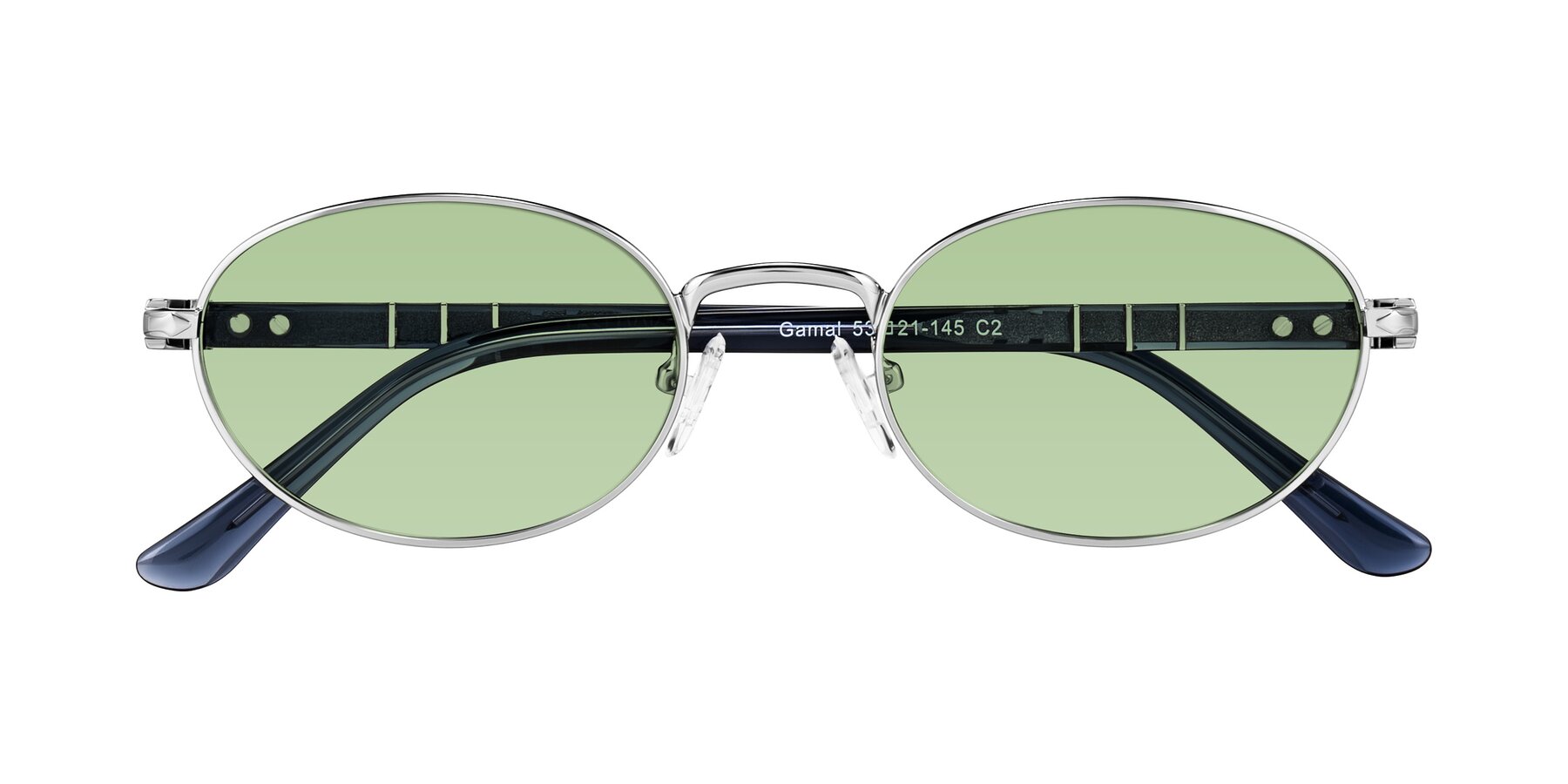 Folded Front of Gamal in Silver/Blue with Medium Green Tinted Lenses