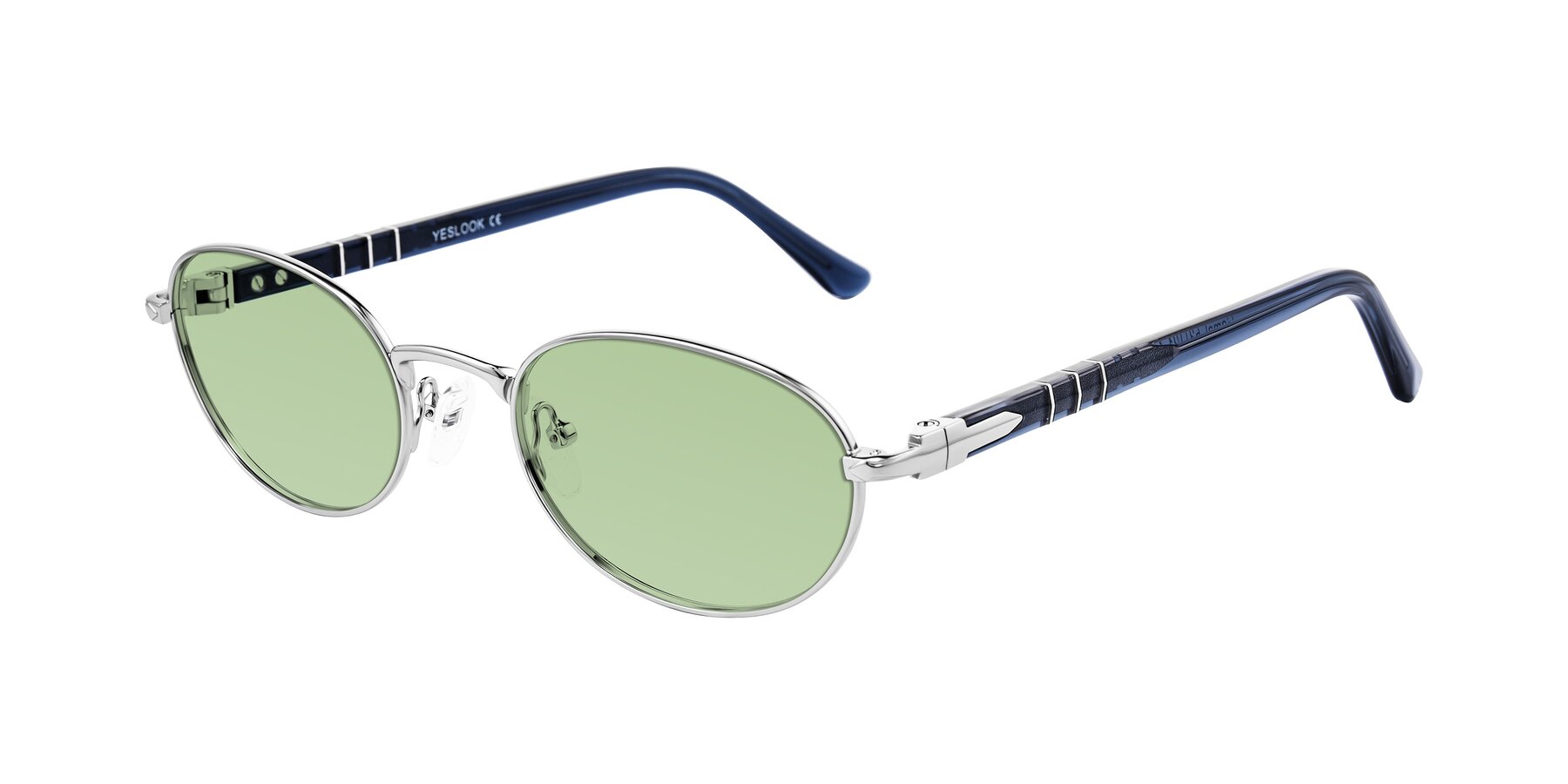 Angle of Gamal in Silver/Blue with Medium Green Tinted Lenses