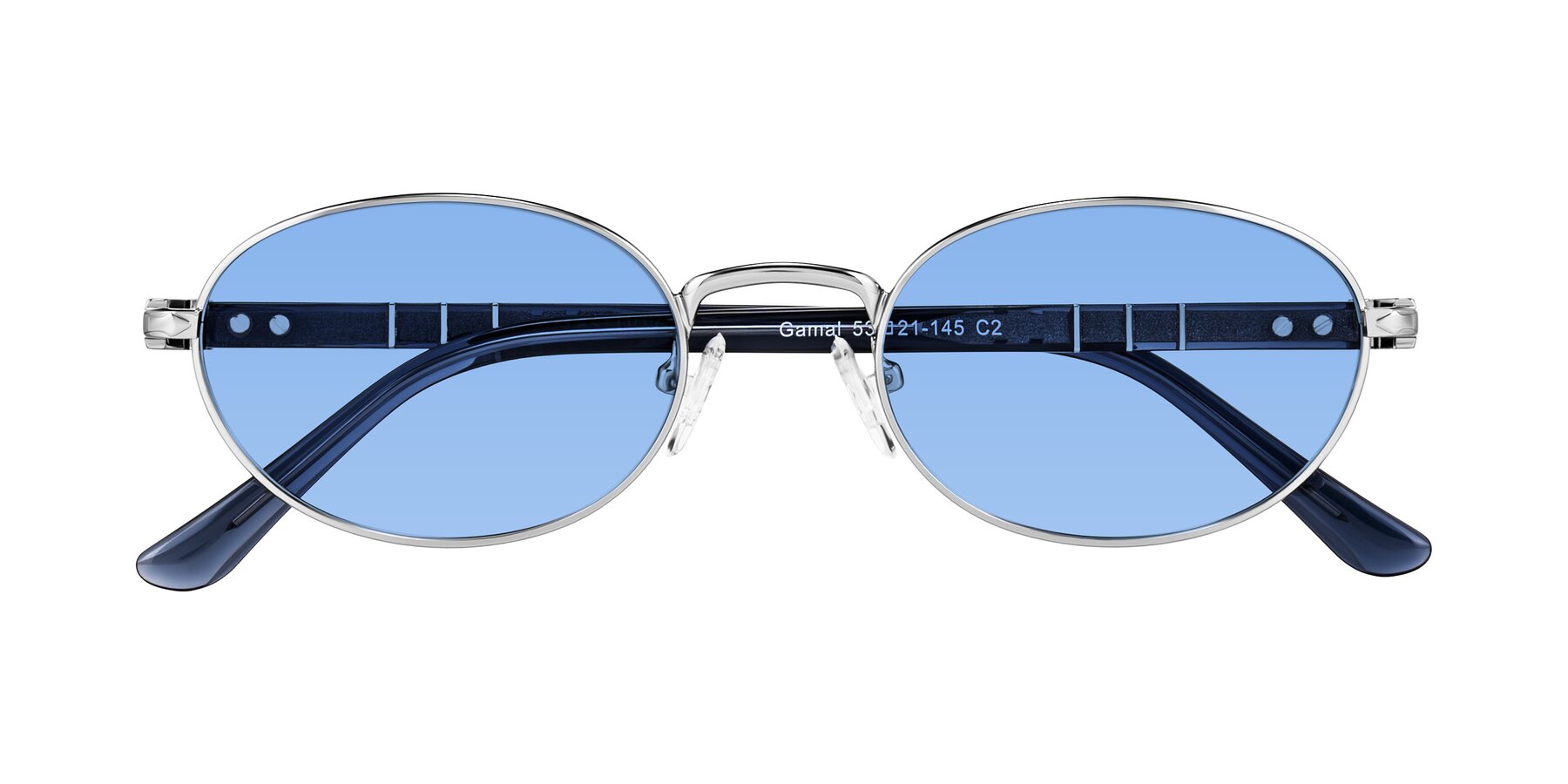 Folded Front of Gamal in Silver/Blue with Medium Blue Tinted Lenses