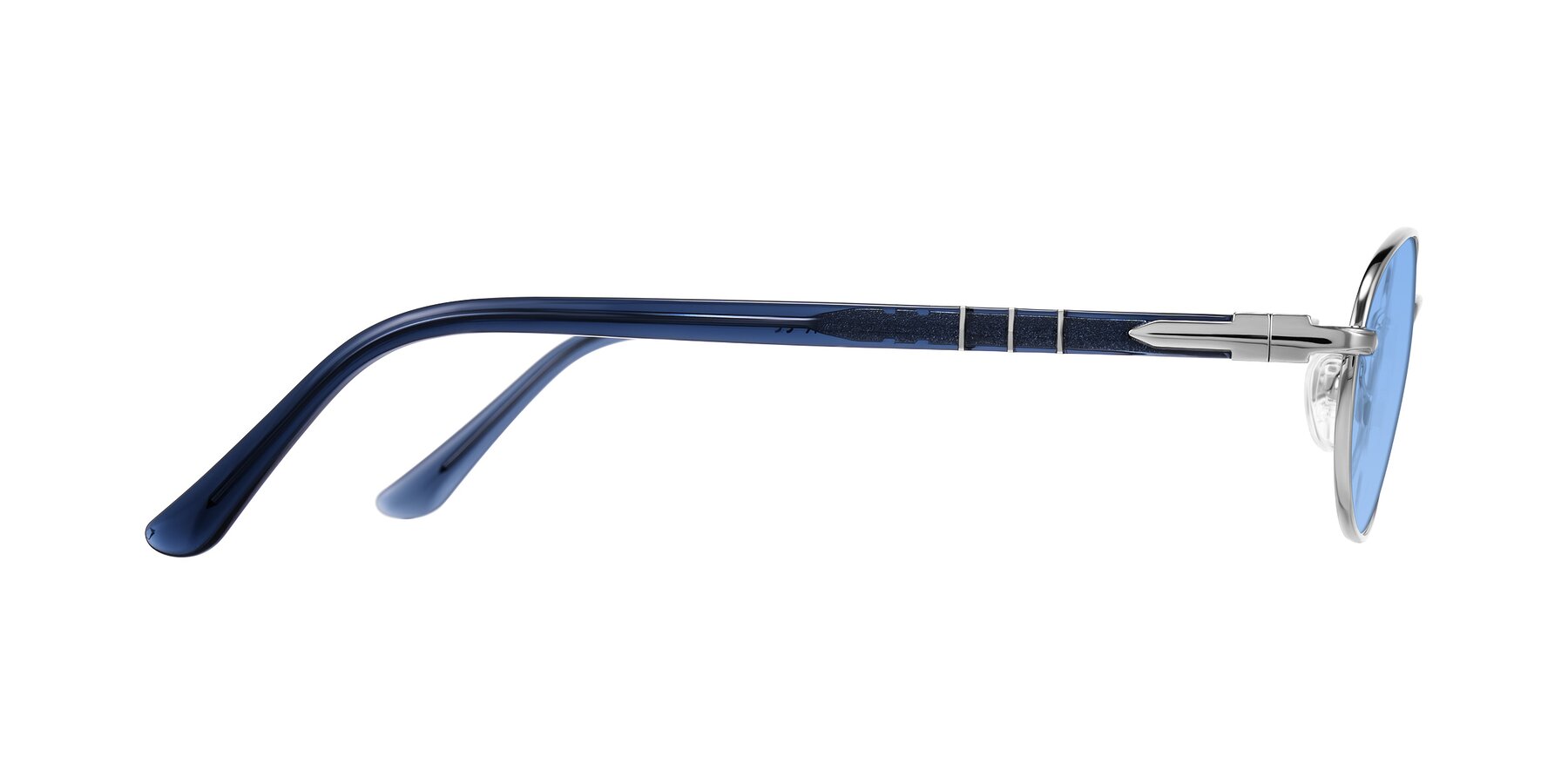 Side of Gamal in Silver/Blue with Medium Blue Tinted Lenses