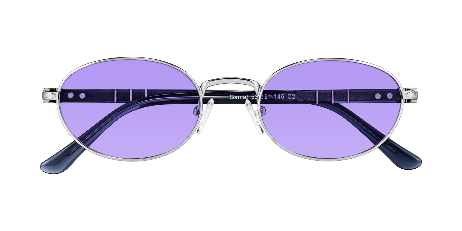 Folded Front of Gamal in Silver/Blue with Medium Purple Tinted Lenses