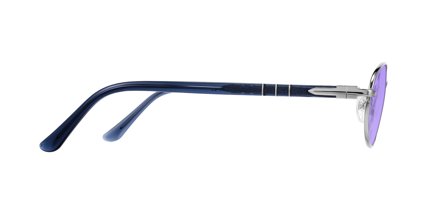 Side of Gamal in Silver/Blue with Medium Purple Tinted Lenses