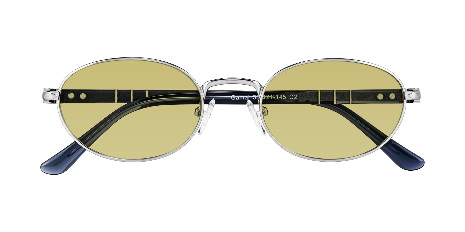 Folded Front of Gamal in Silver/Blue with Medium Champagne Tinted Lenses