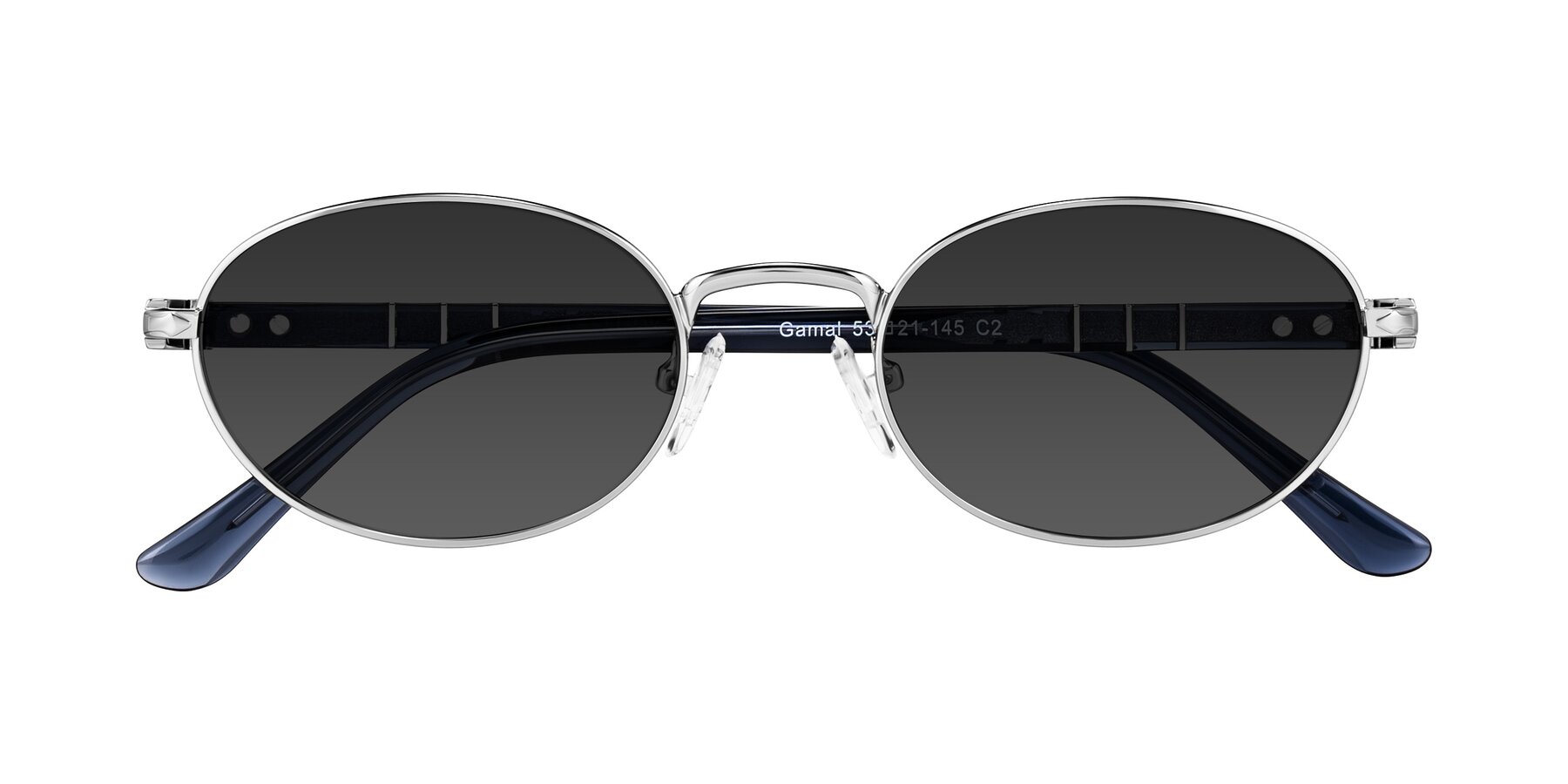Folded Front of Gamal in Silver/Blue with Gray Tinted Lenses