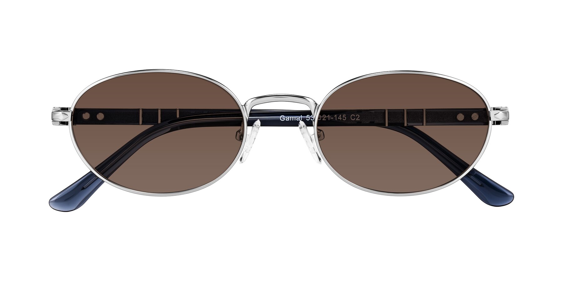 Folded Front of Gamal in Silver/Blue with Brown Tinted Lenses