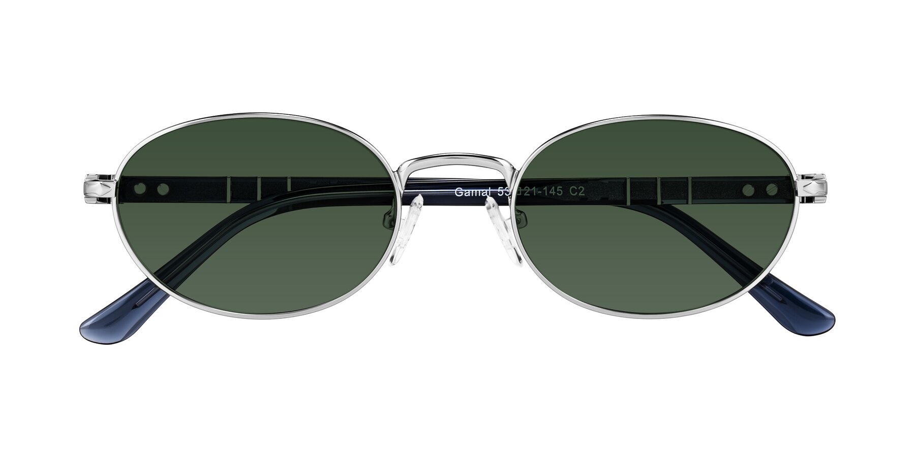Folded Front of Gamal in Silver/Blue with Green Tinted Lenses