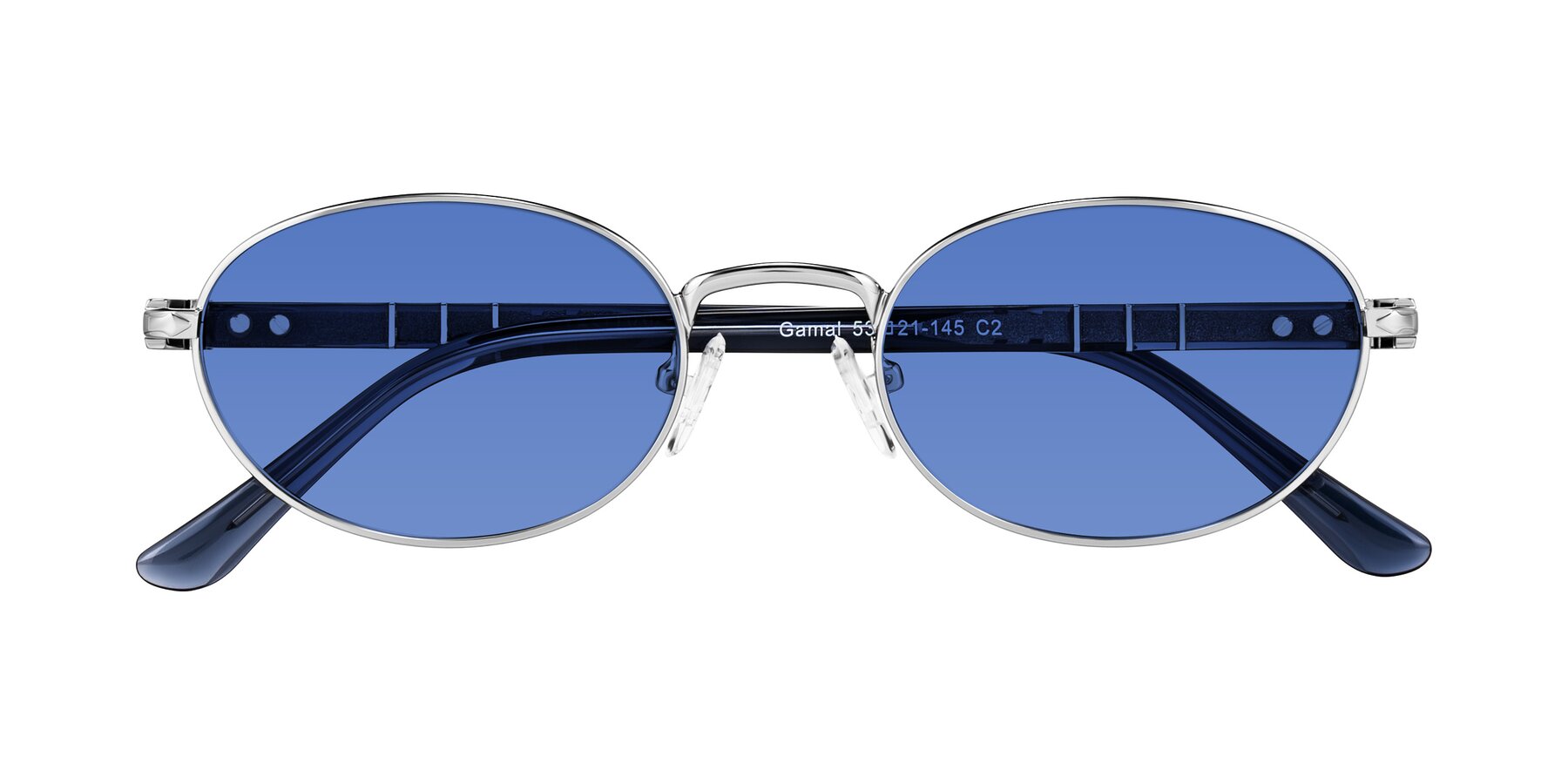 Folded Front of Gamal in Silver/Blue with Blue Tinted Lenses