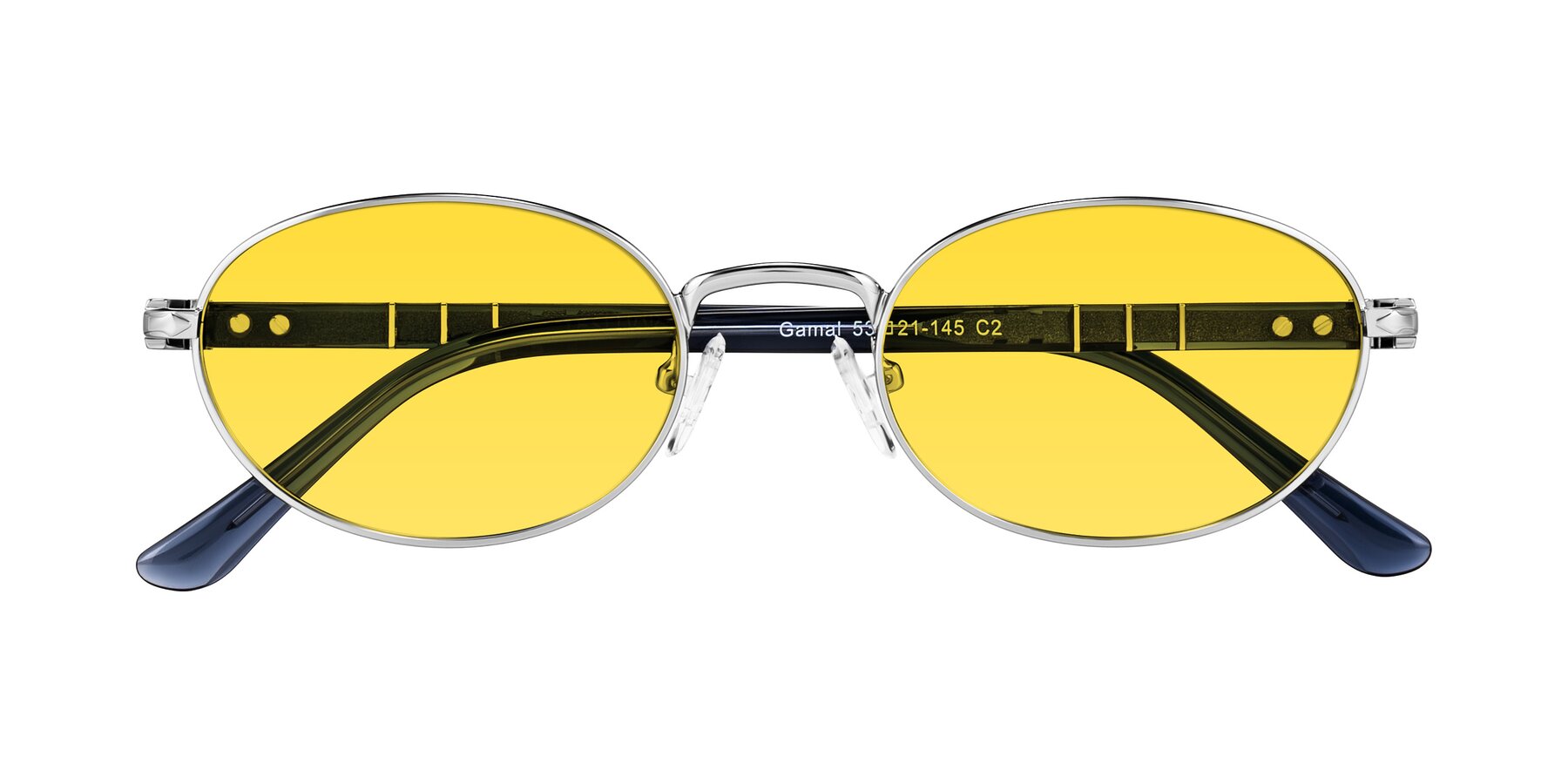 Folded Front of Gamal in Silver/Blue with Yellow Tinted Lenses