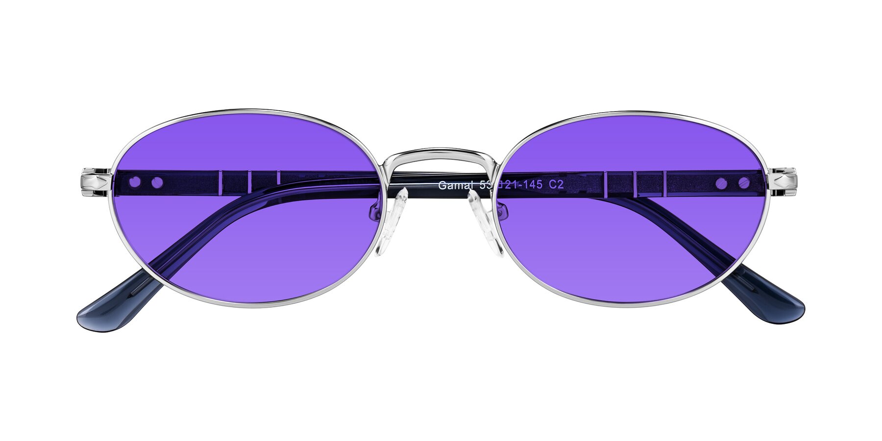 Folded Front of Gamal in Silver/Blue with Purple Tinted Lenses