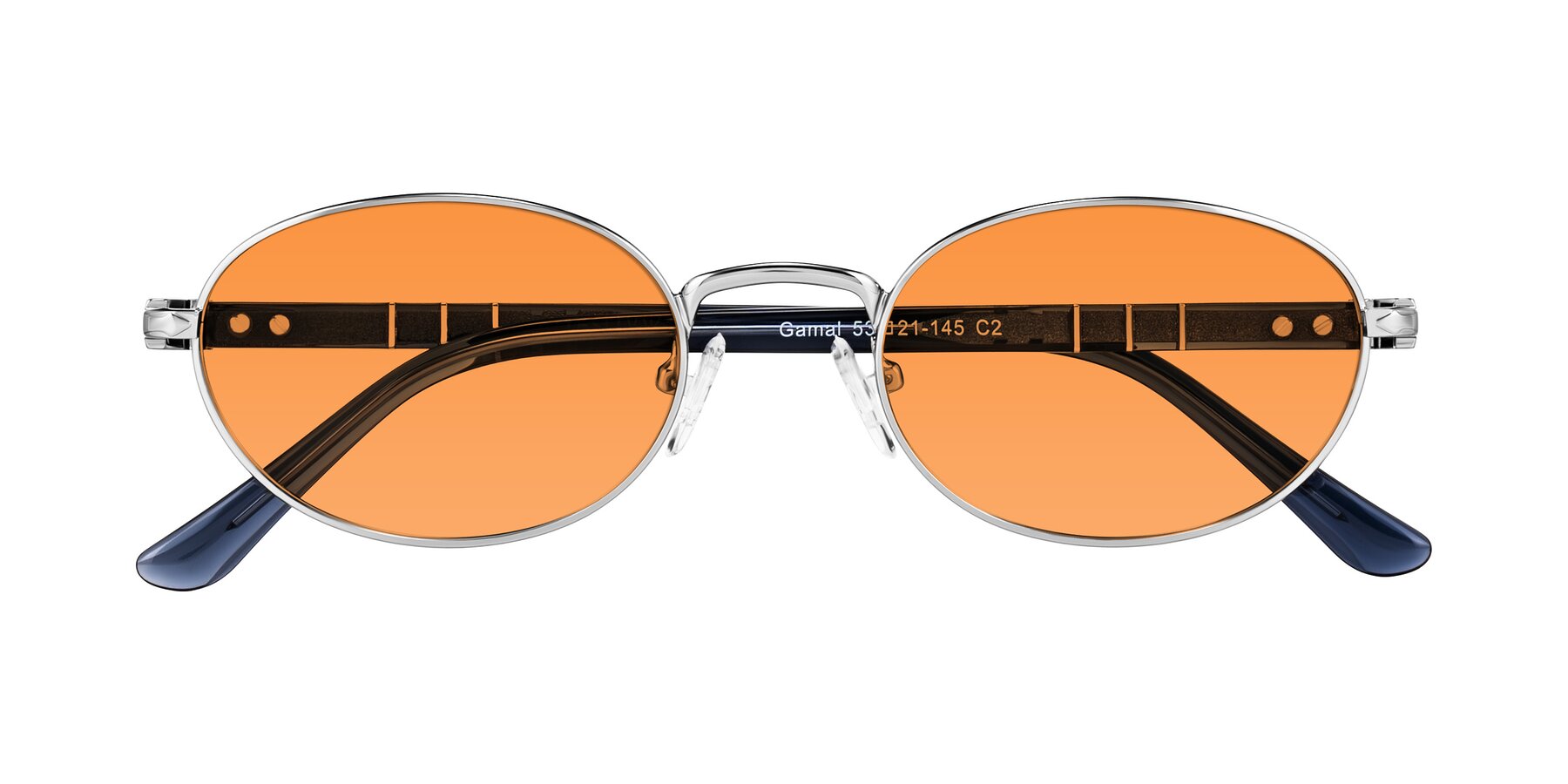 Folded Front of Gamal in Silver/Blue with Orange Tinted Lenses