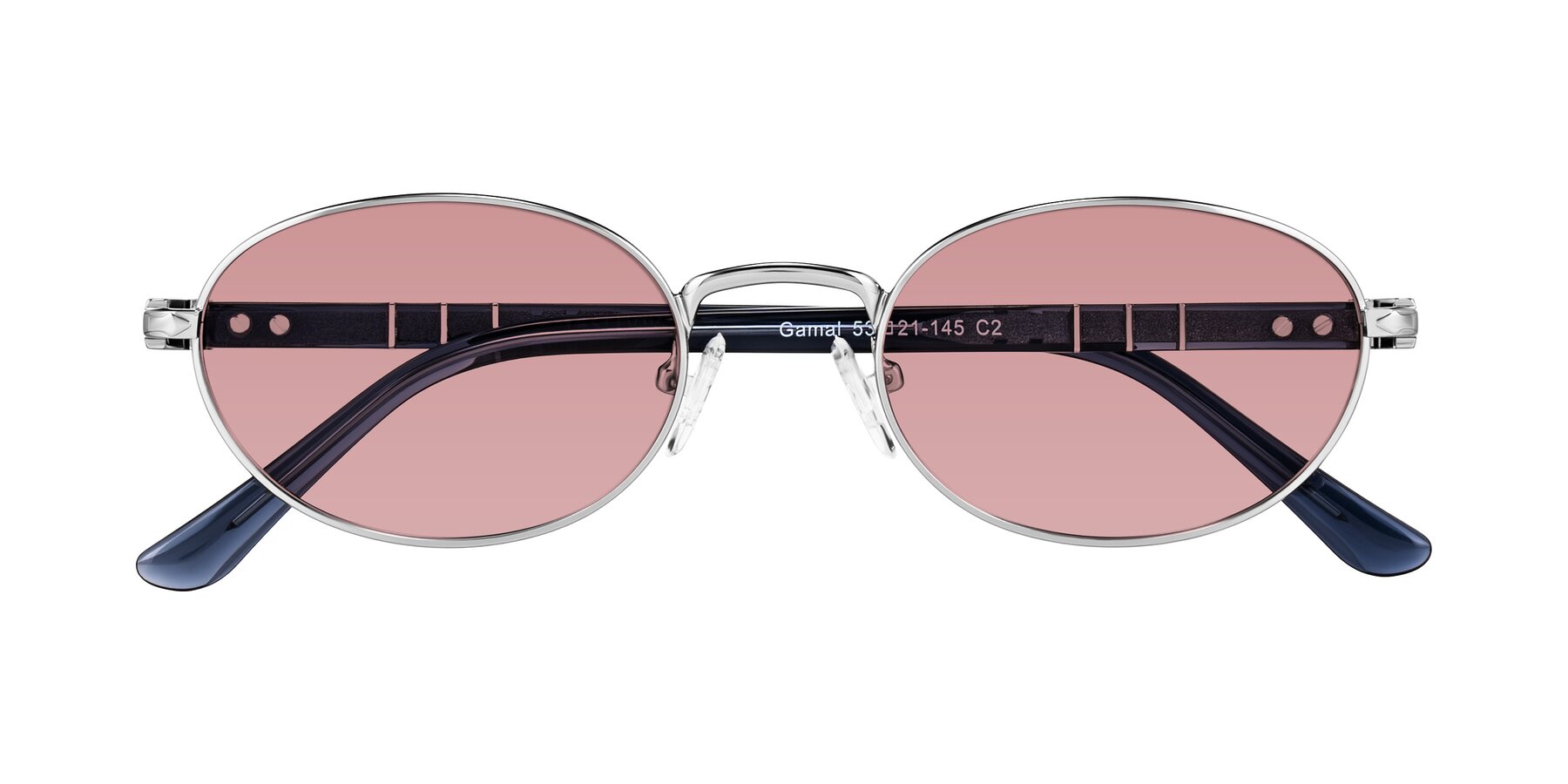 Folded Front of Gamal in Silver/Blue with Medium Garnet Tinted Lenses