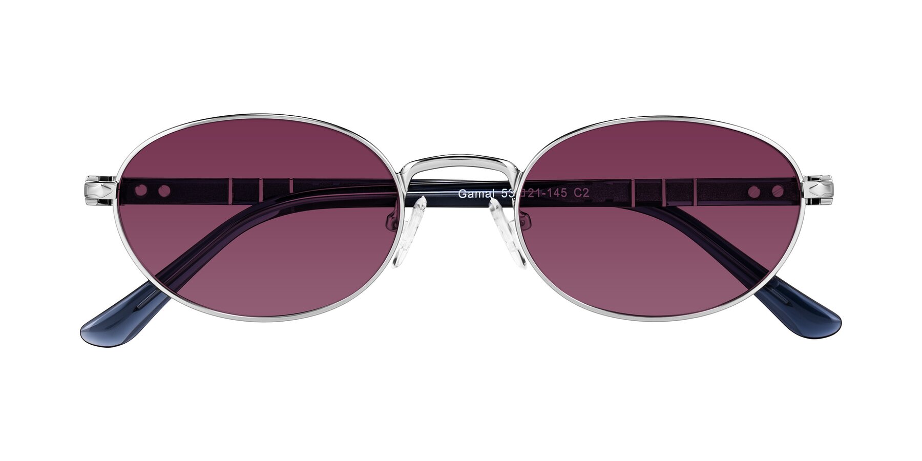 Folded Front of Gamal in Silver/Blue with Wine Tinted Lenses