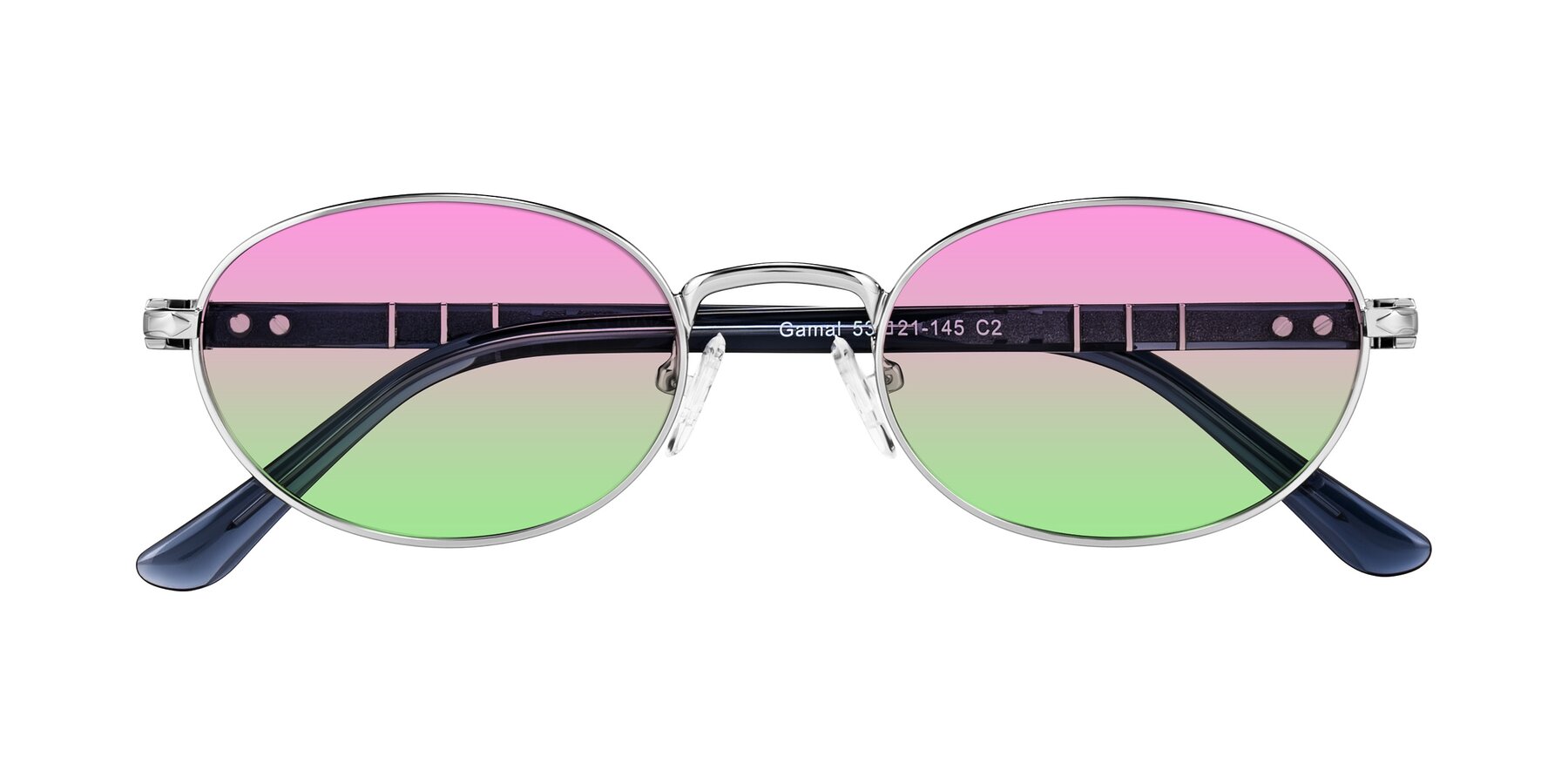 Folded Front of Gamal in Silver/Blue with Pink / Green Gradient Lenses