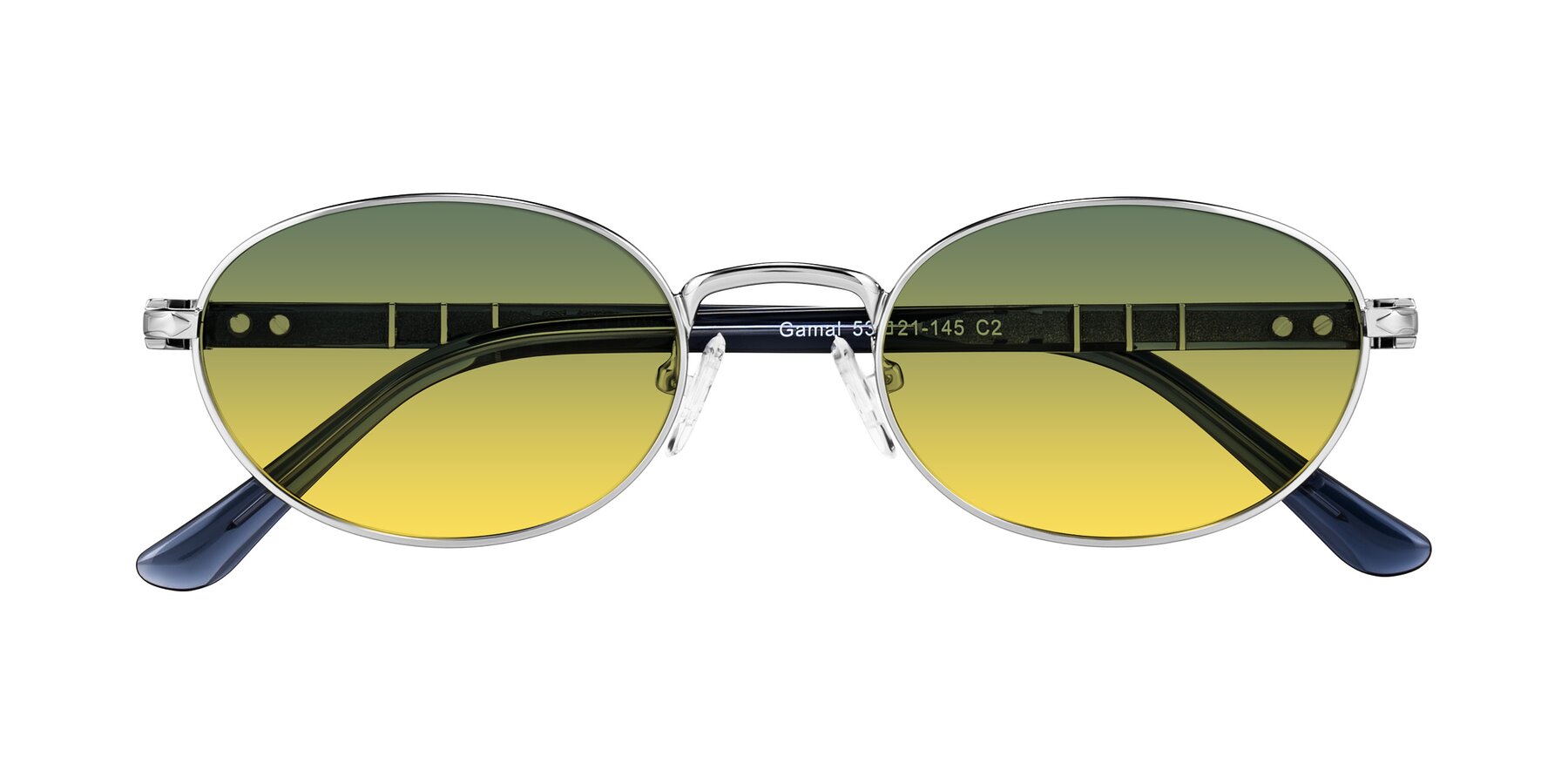 Folded Front of Gamal in Silver/Blue with Green / Yellow Gradient Lenses
