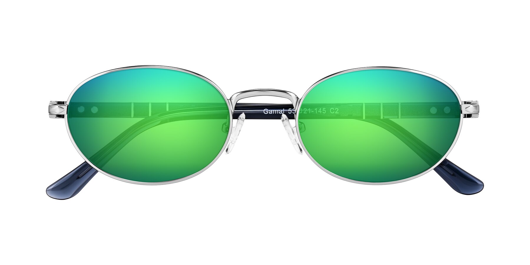 Folded Front of Gamal in Silver/Blue with Green Mirrored Lenses