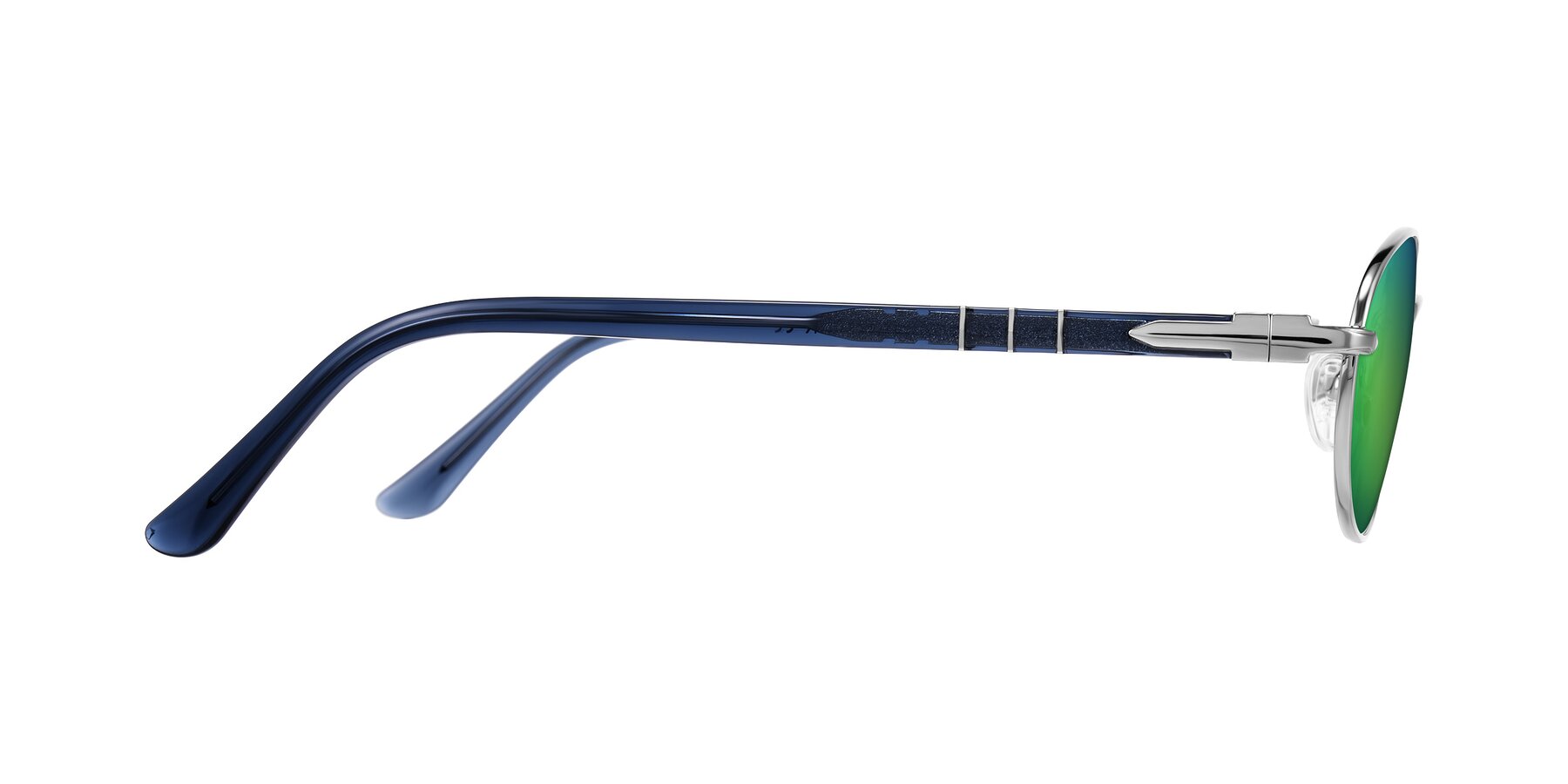 Side of Gamal in Silver/Blue with Green Mirrored Lenses