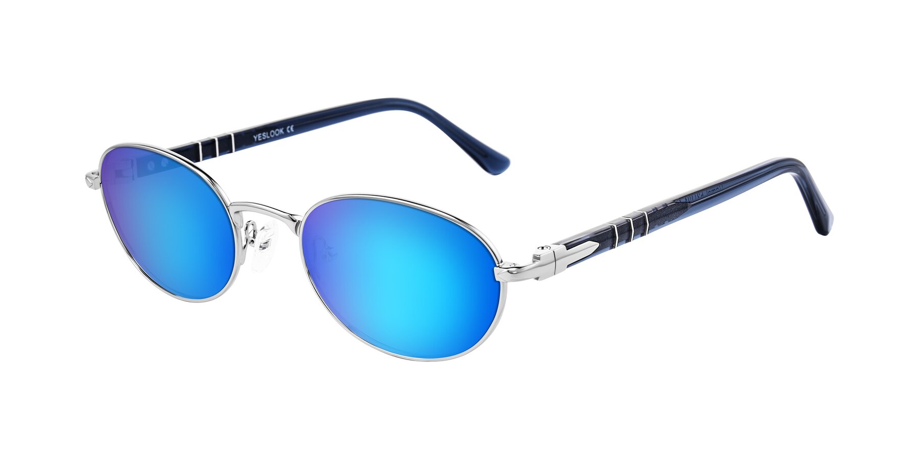 Angle of Gamal in Silver/Blue with Blue Mirrored Lenses