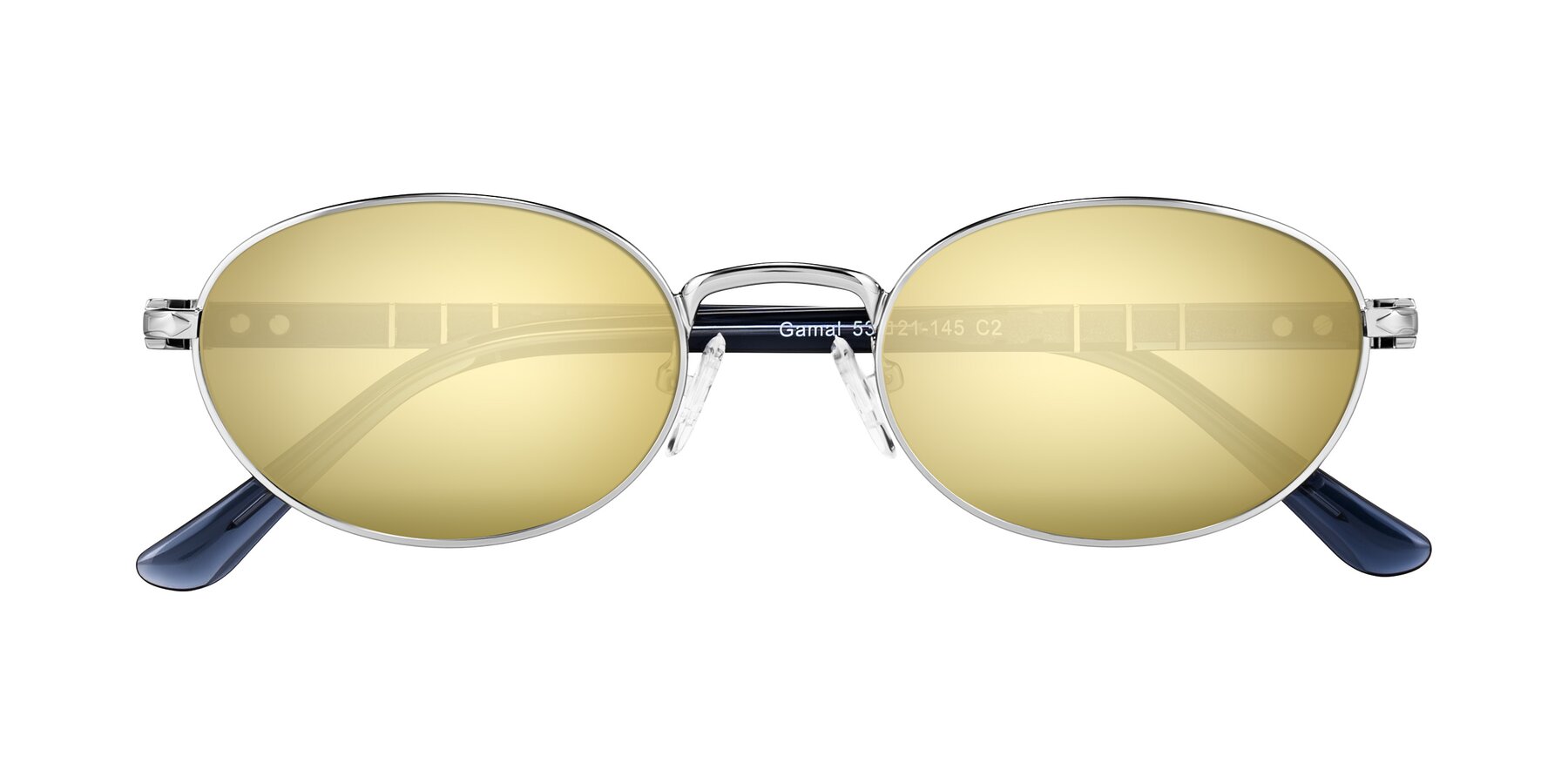 Folded Front of Gamal in Silver/Blue with Gold Mirrored Lenses