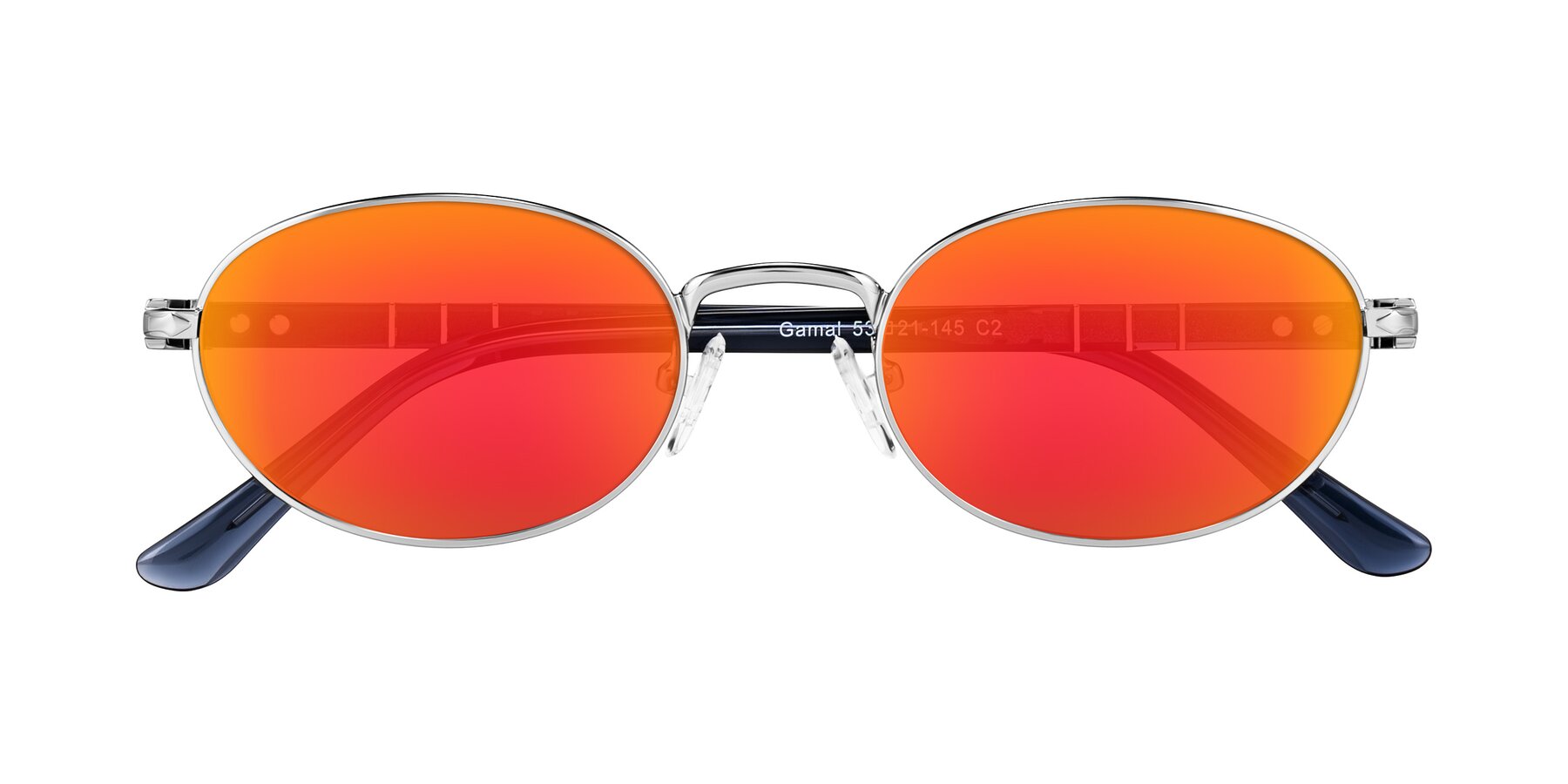 Folded Front of Gamal in Silver/Blue with Red Gold Mirrored Lenses