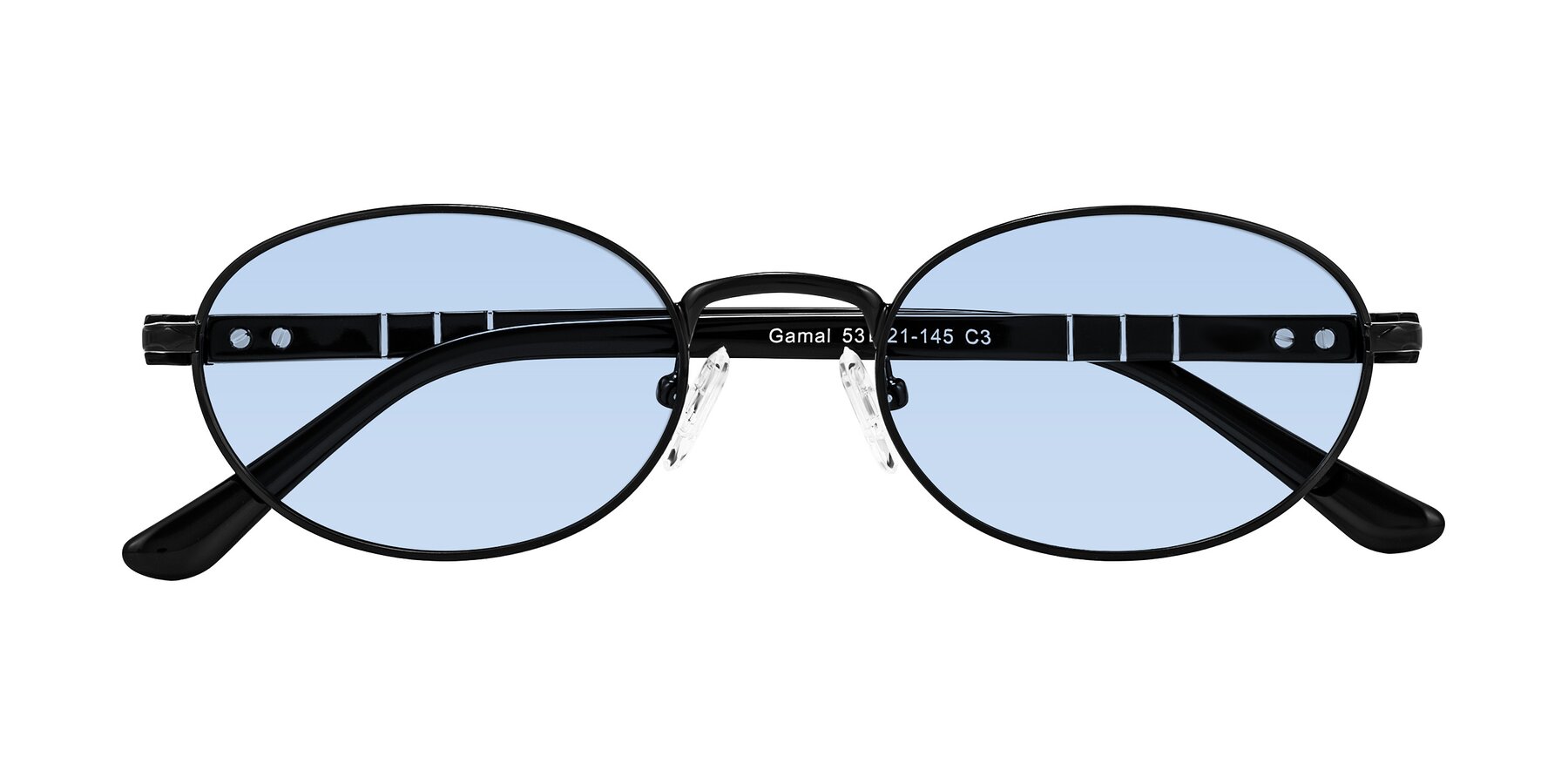 Folded Front of Gamal in Black with Light Blue Tinted Lenses