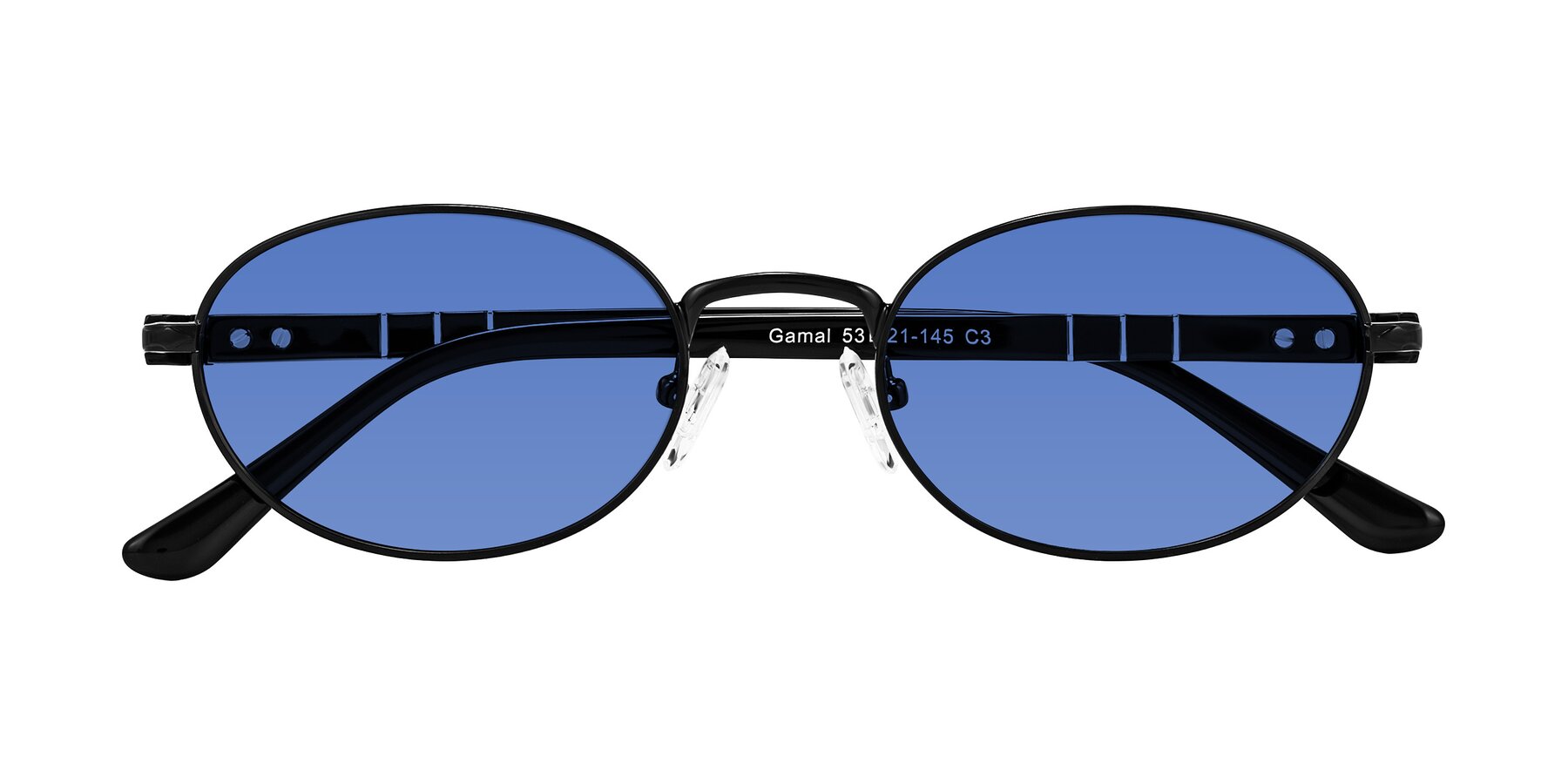 Folded Front of Gamal in Black with Blue Tinted Lenses