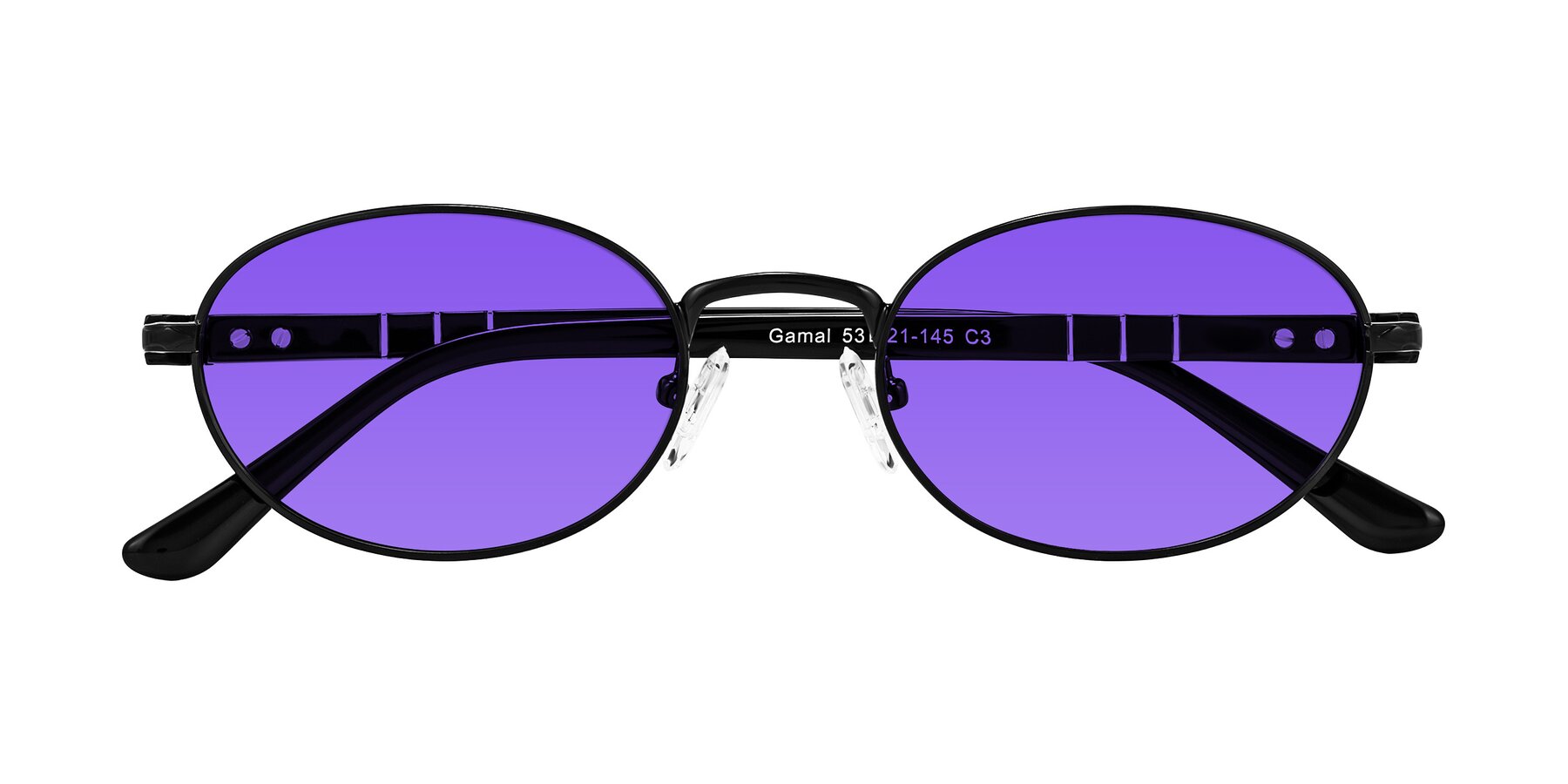 Folded Front of Gamal in Black with Purple Tinted Lenses