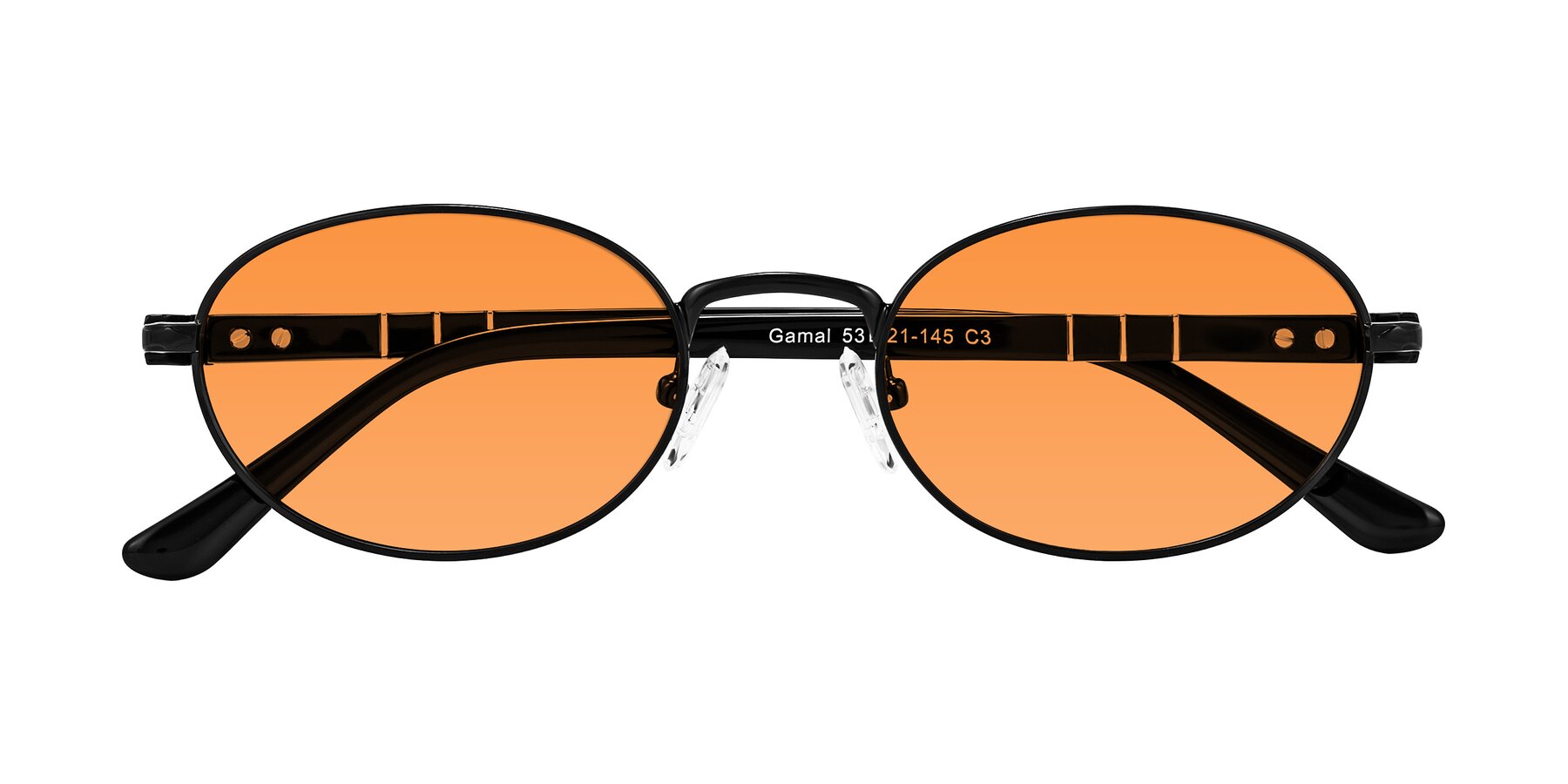 Folded Front of Gamal in Black with Orange Tinted Lenses
