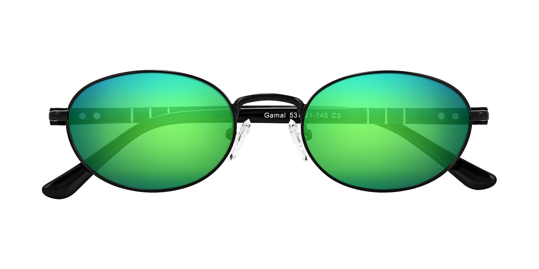Folded Front of Gamal in Black with Green Mirrored Lenses
