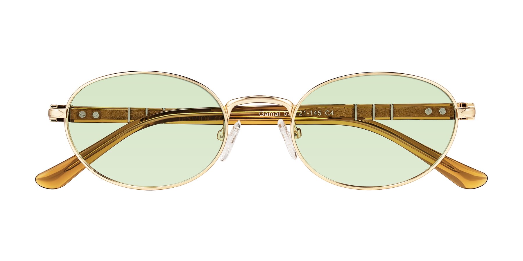 Folded Front of Gamal in Gold/Honey with Light Green Tinted Lenses