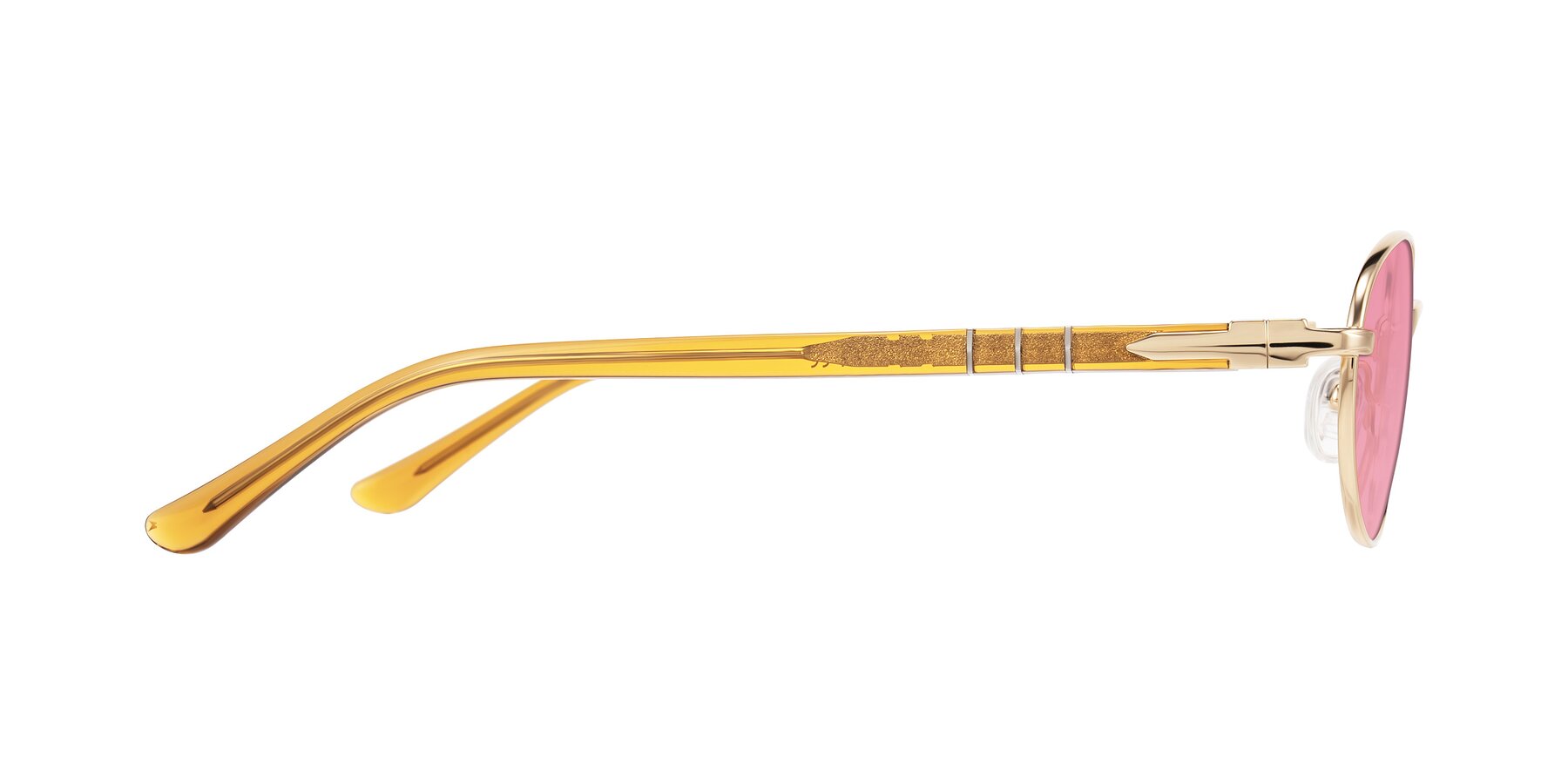 Side of Gamal in Gold/Honey with Pink Tinted Lenses