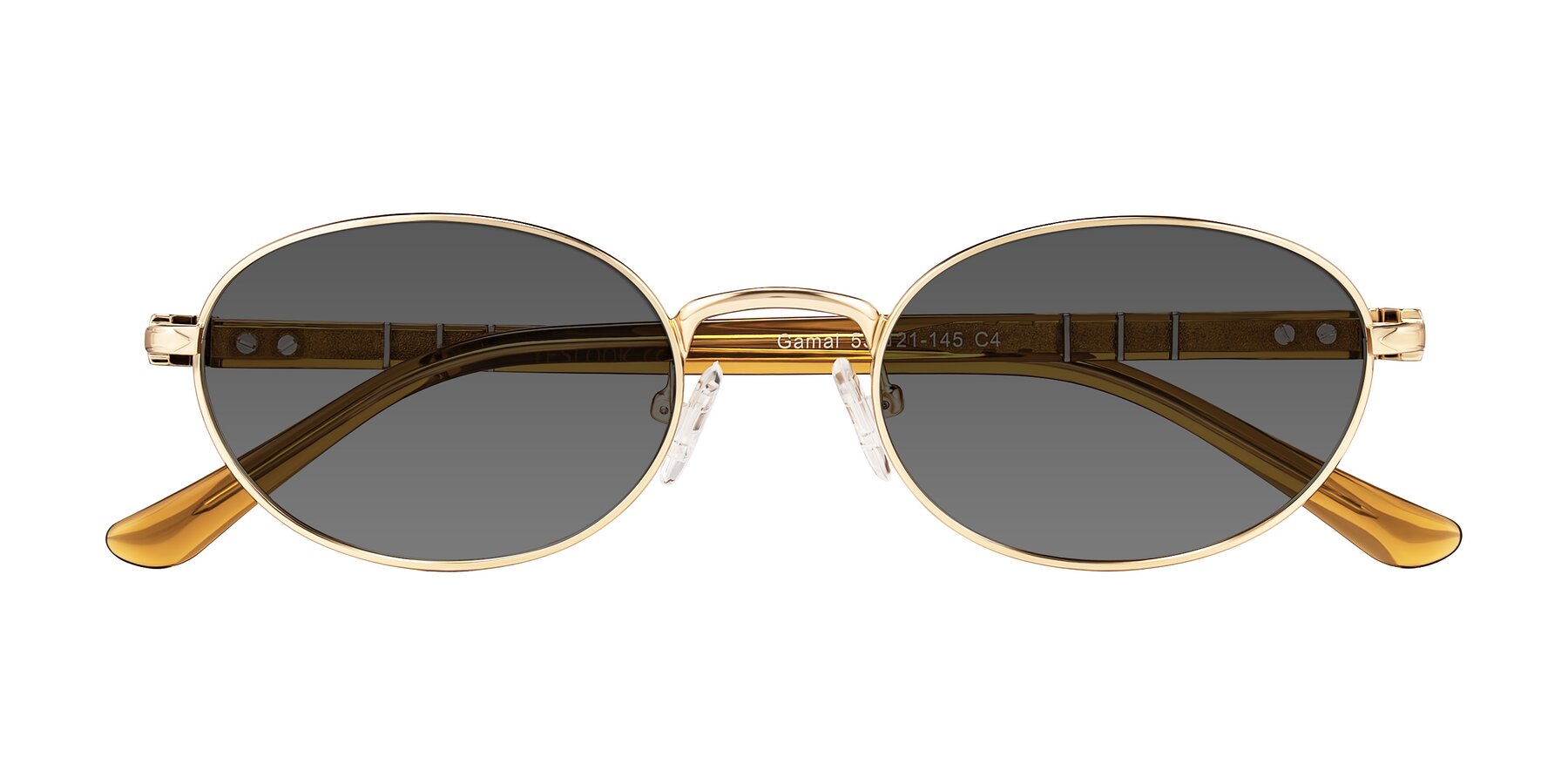 Folded Front of Gamal in Gold/Honey with Medium Gray Tinted Lenses