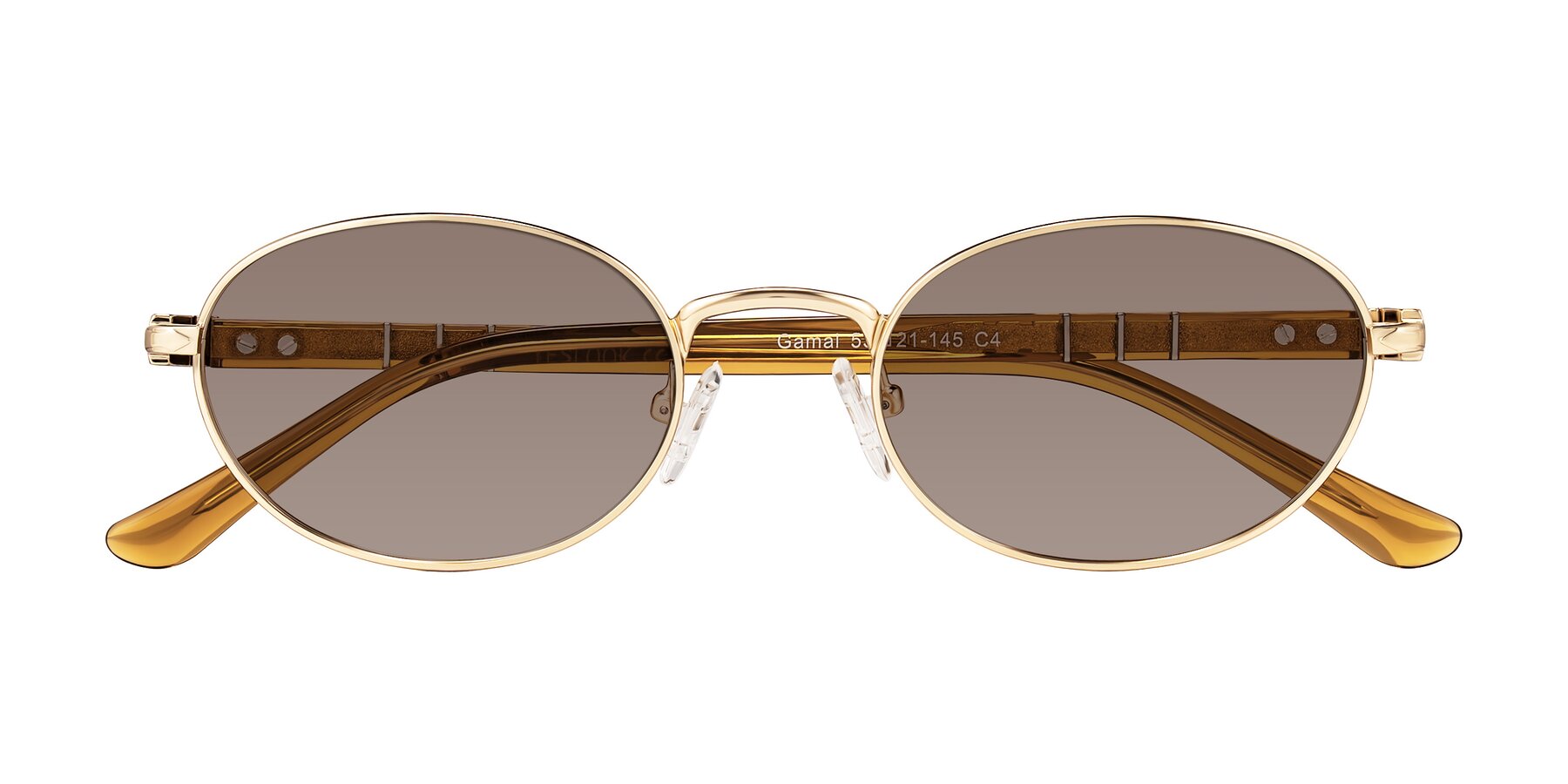 Folded Front of Gamal in Gold/Honey with Medium Brown Tinted Lenses