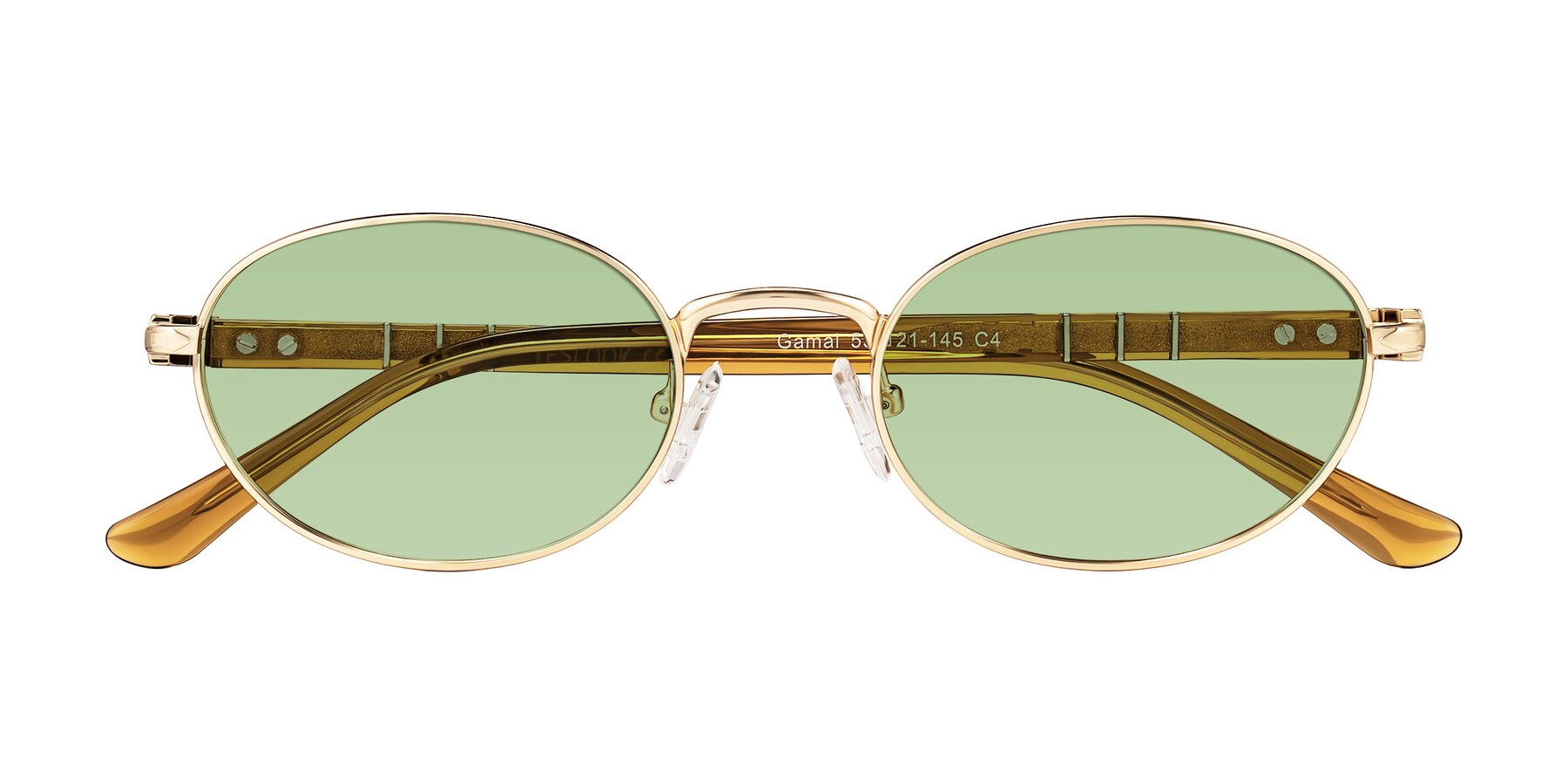 Folded Front of Gamal in Gold/Honey with Medium Green Tinted Lenses