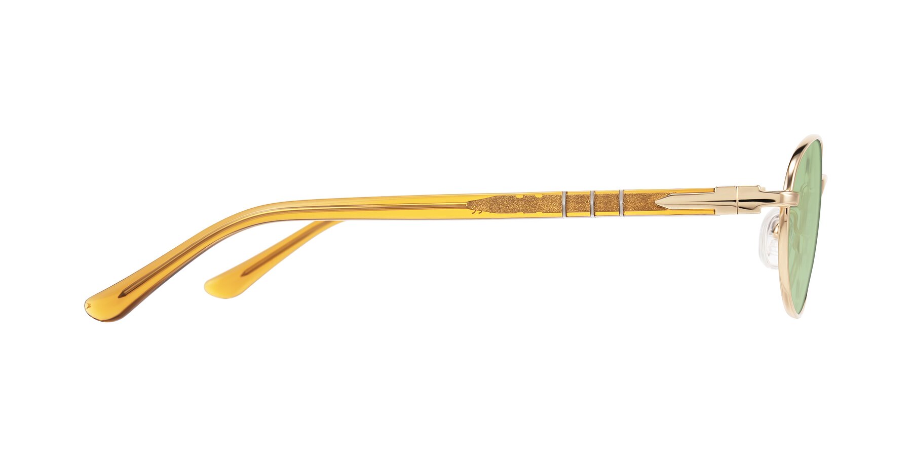Side of Gamal in Gold/Honey with Medium Green Tinted Lenses