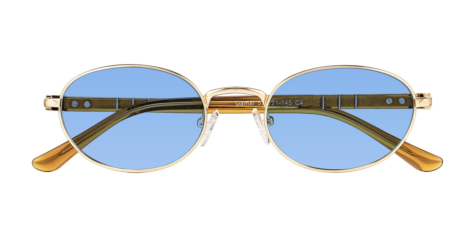 Folded Front of Gamal in Gold/Honey with Medium Blue Tinted Lenses