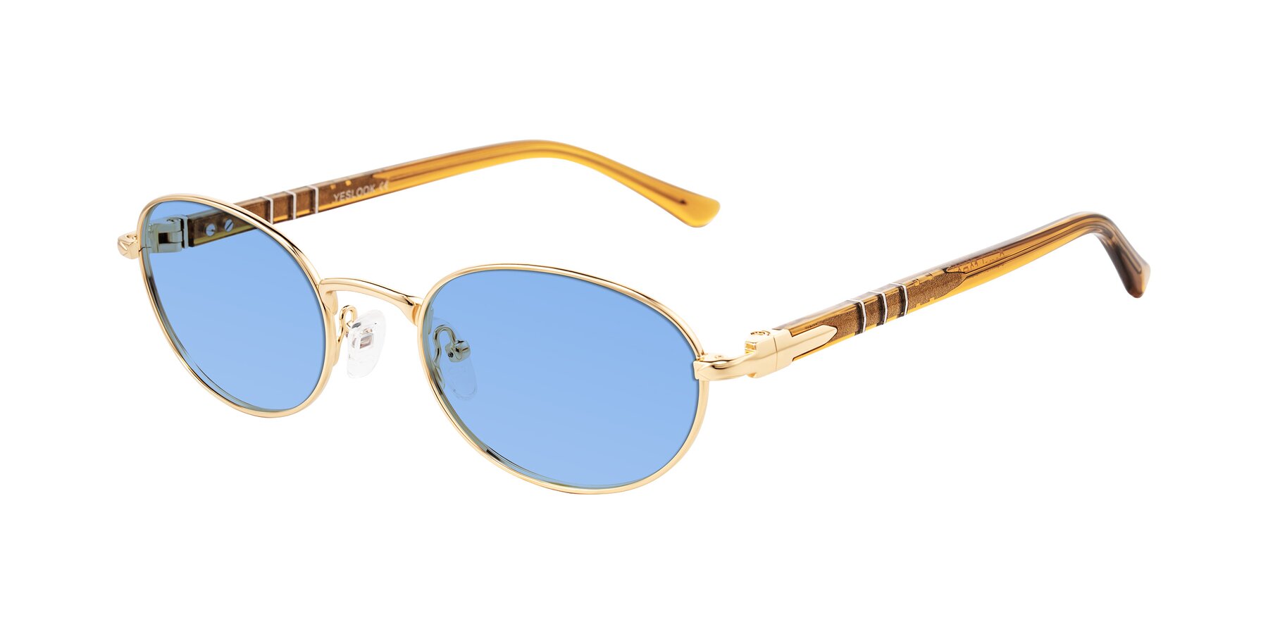 Angle of Gamal in Gold/Honey with Medium Blue Tinted Lenses