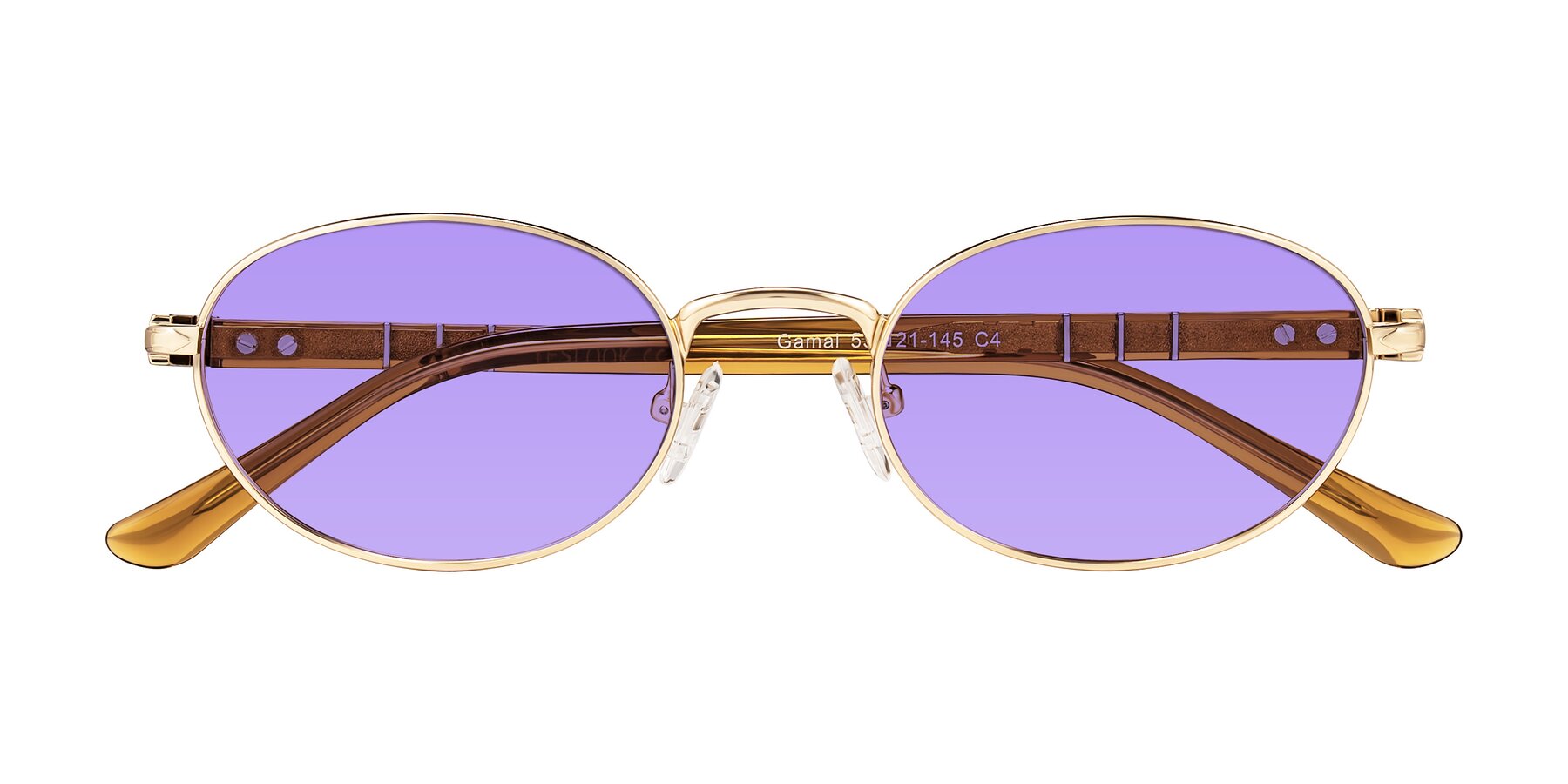Folded Front of Gamal in Gold/Honey with Medium Purple Tinted Lenses